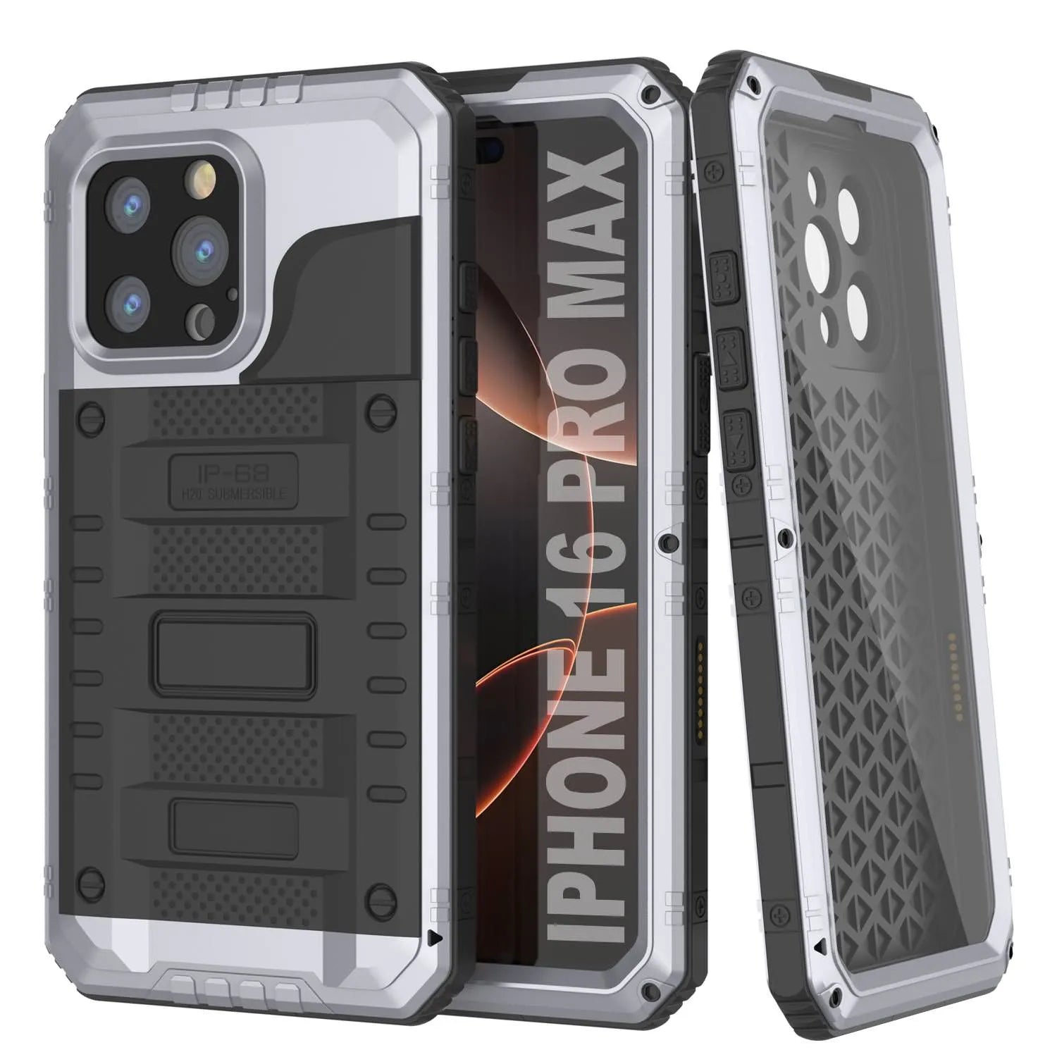 iPhone 16 Pro Max Metal Extreme 3.0 Series Aluminum Waterproof Case IP68 W/Buillt in Screen Protector & Kickstand [White]