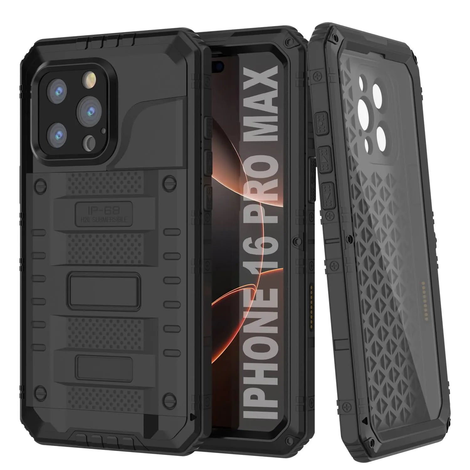 iPhone 16 Pro Max Metal Extreme 3.0 Series Aluminum Waterproof Case IP68 W/Buillt in Screen Protector & Kickstand [Black]