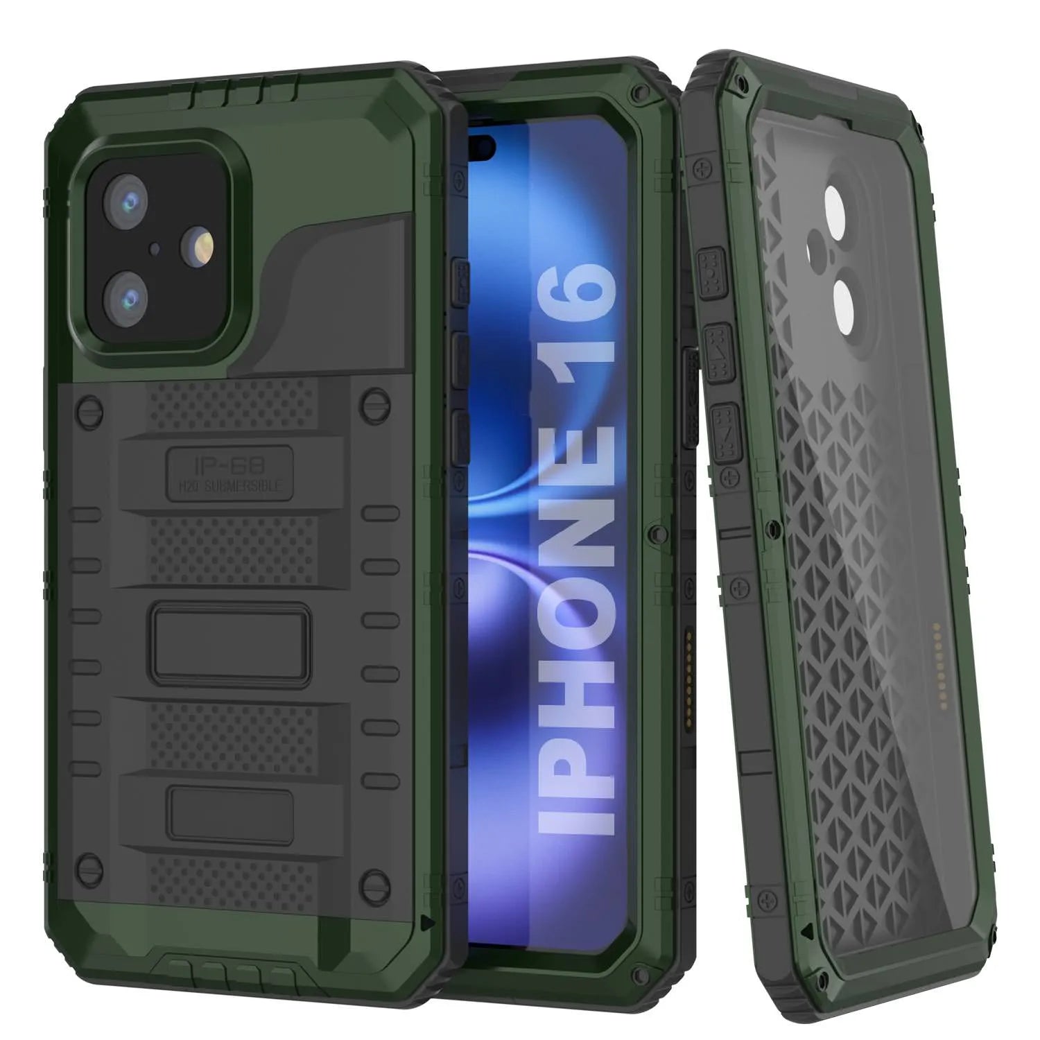 iPhone 16 Metal Extreme 3.0 Series Aluminum Waterproof Case IP68 W/Buillt in Screen Protector & Kickstand [Dark Green]