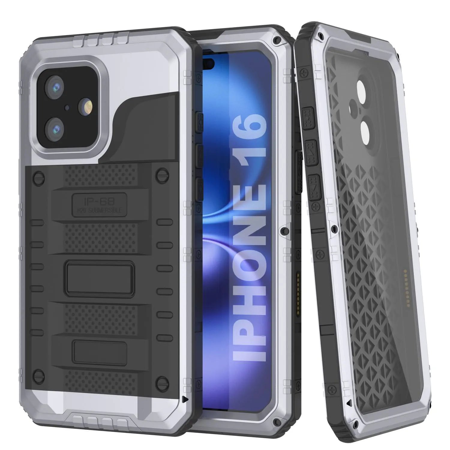 iPhone 16 Metal Extreme 3.0 Series Aluminum Waterproof Case IP68 W/Buillt in Screen Protector & Kickstand [White]