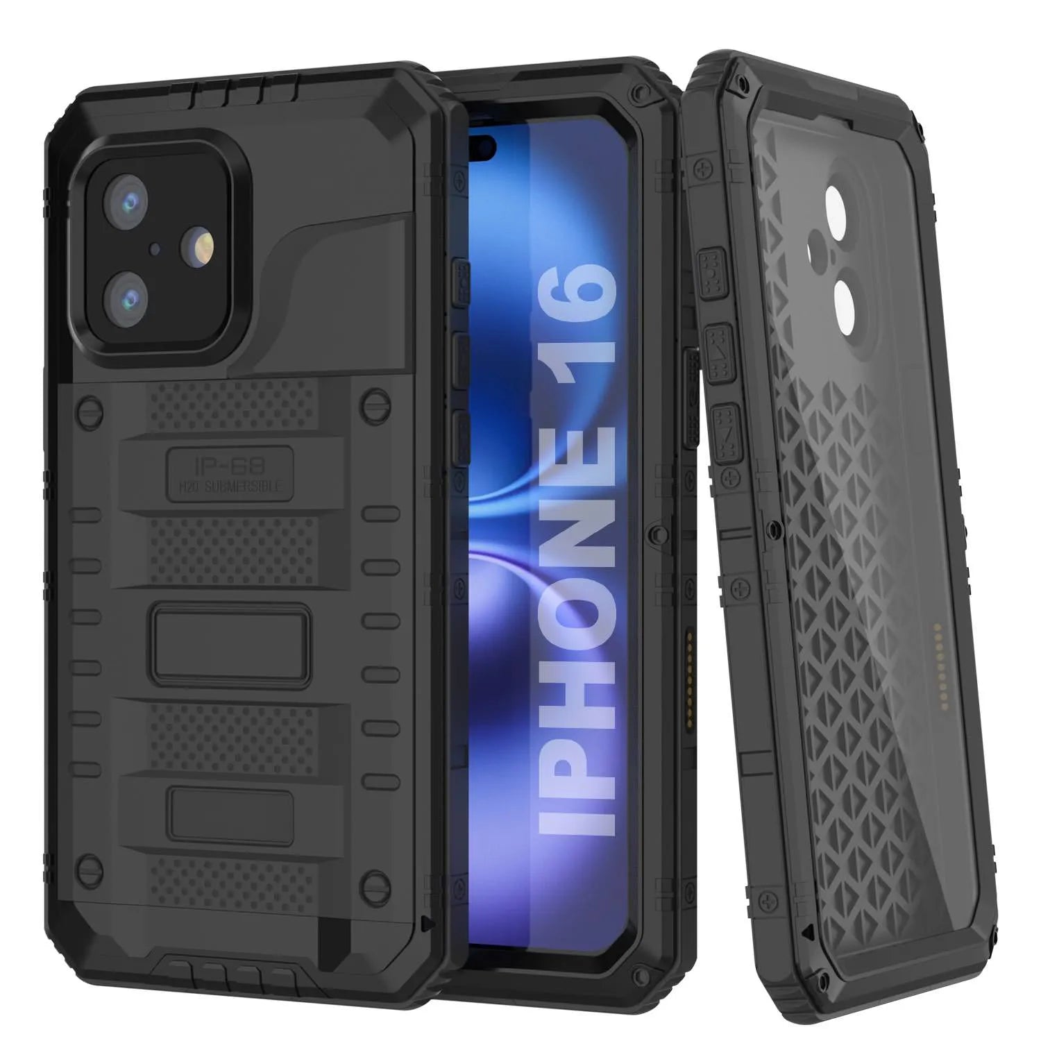 iPhone 16 Metal Extreme 3.0 Series Aluminum Waterproof Case IP68 W/Buillt in Screen Protector & Kickstand [Black]