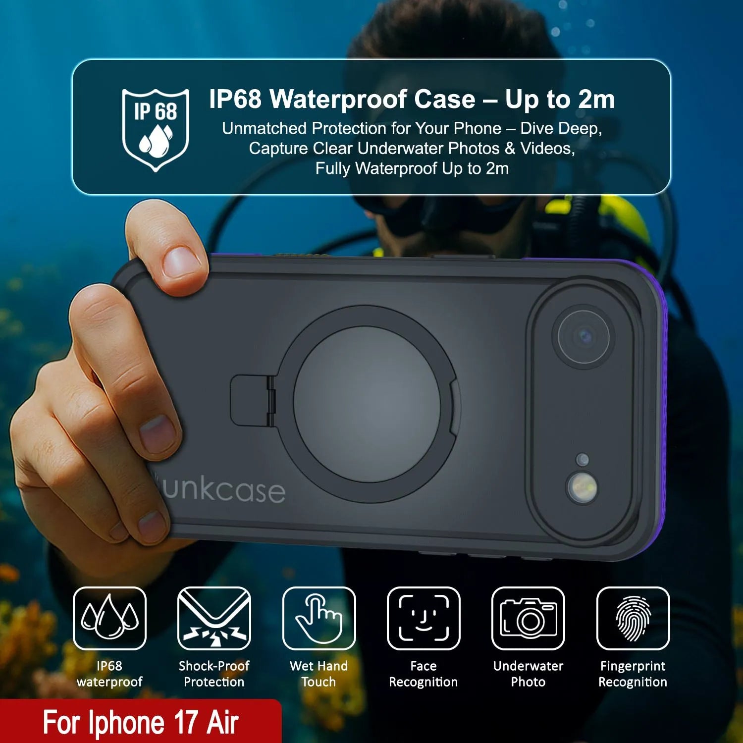 iPhone 17 Air Waterproof Case [Kickstud 2.0 Series] Protective IP68 Cover W/Screen Protector & Kickstand [Purple]