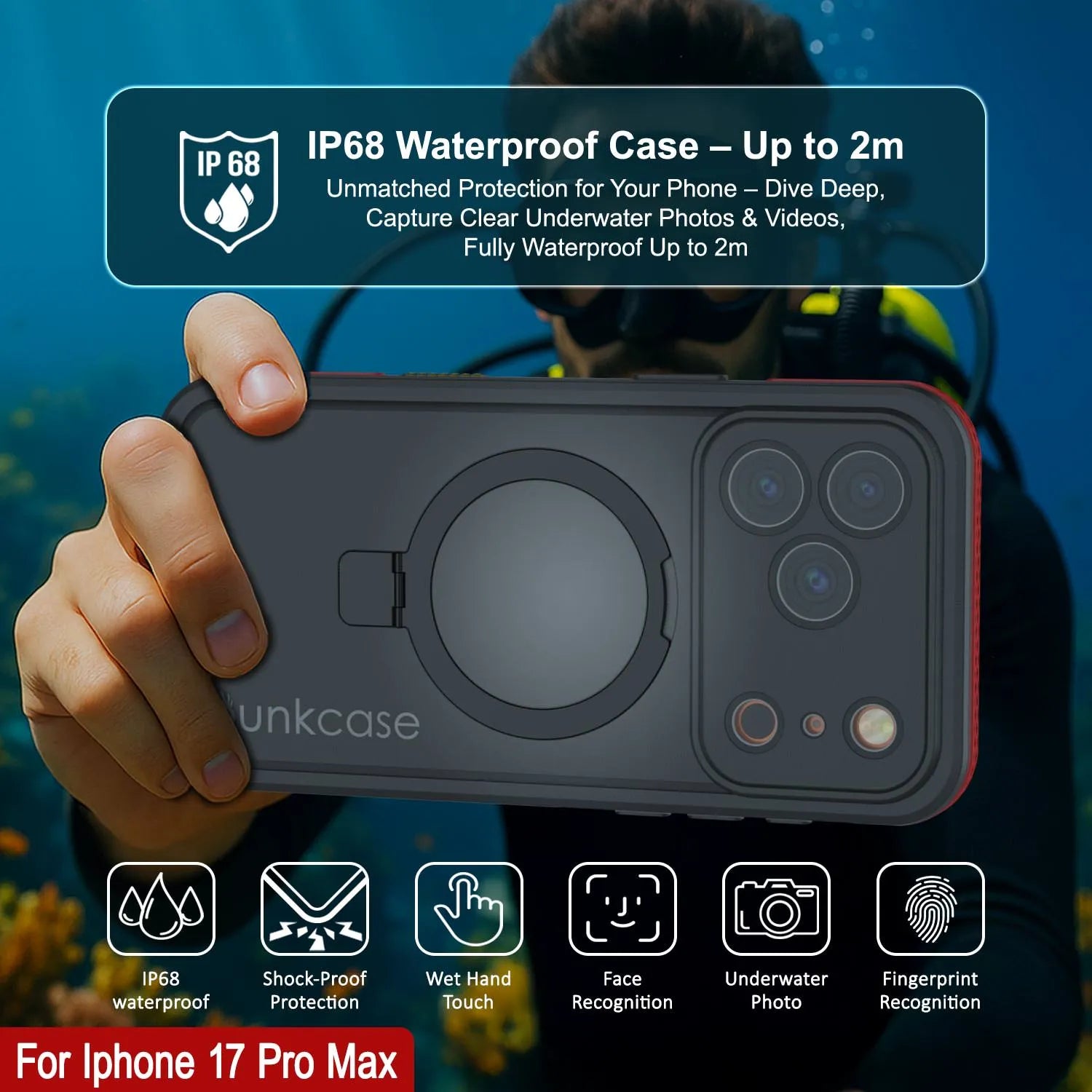 iPhone 17 Pro Max Waterproof Case [Kickstud 2.0 Series] Protective IP68 Cover W/Screen Protector & Kickstand [Red]