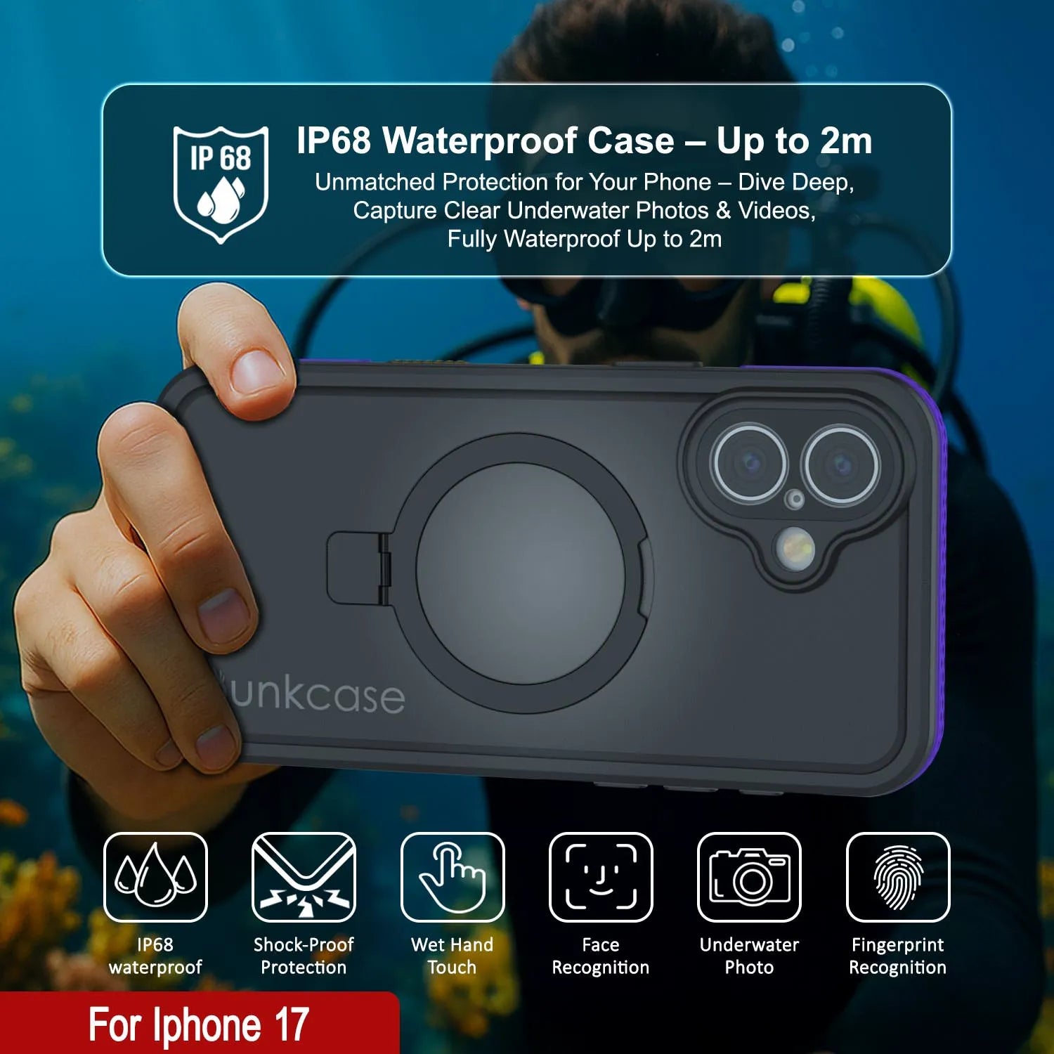 iPhone 17 Waterproof Case [Kickstud 2.0 Series] Protective IP68 Cover W/Screen Protector & Kickstand [Purple]