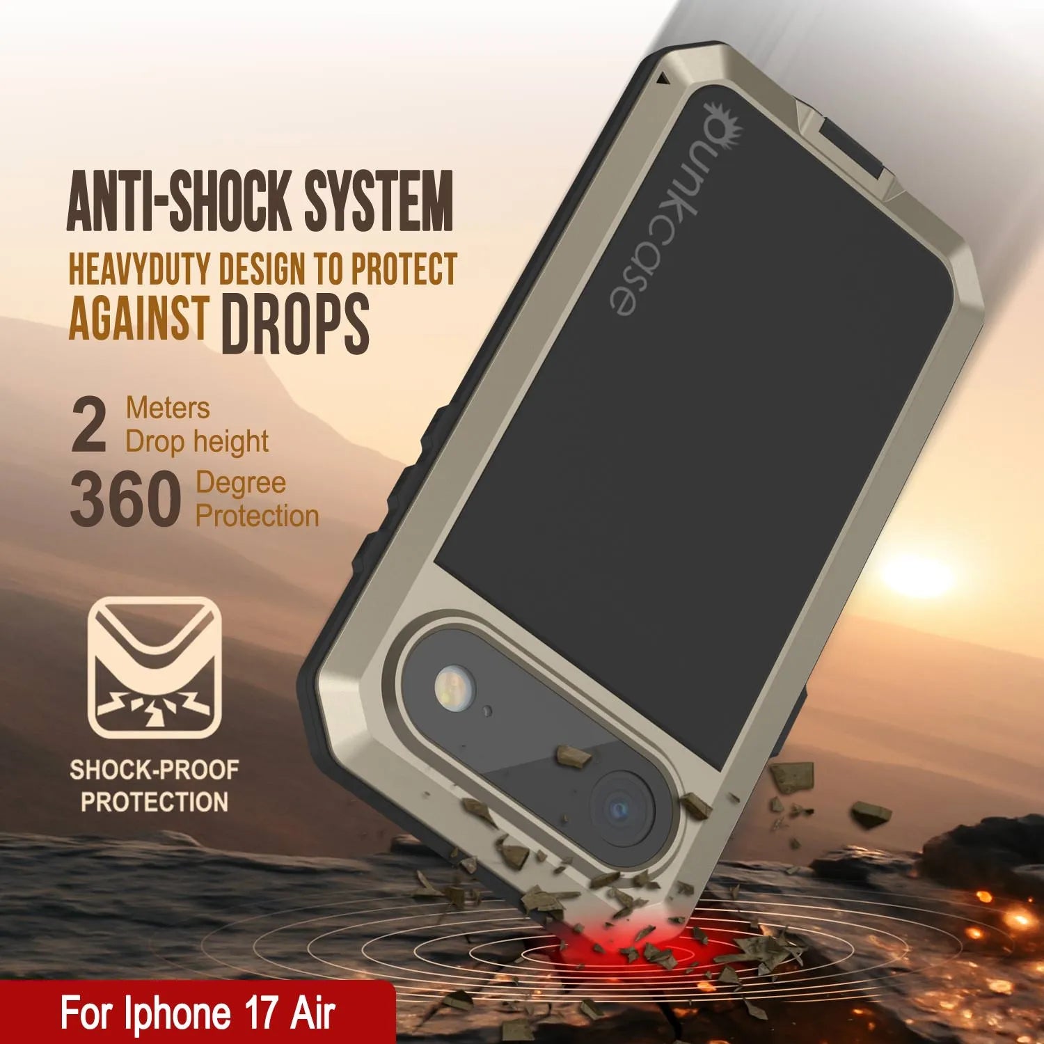 iPhone 17 Air Metal Case, Heavy Duty Military Grade Armor Cover [shock proof] Full Body Hard [Gold]