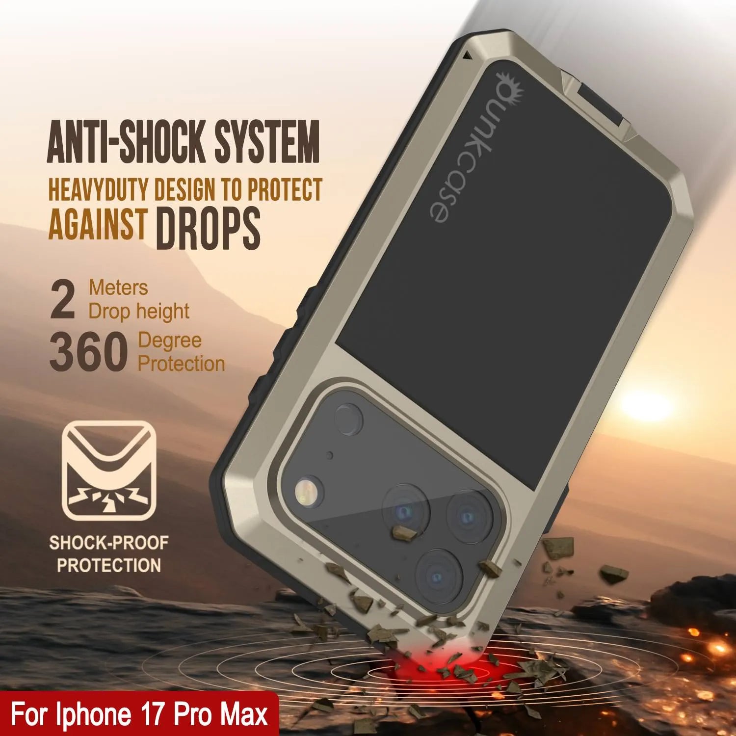 iPhone 17 Pro Max Metal Case, Heavy Duty Military Grade Armor Cover [shock proof] Full Body Hard [Gold]