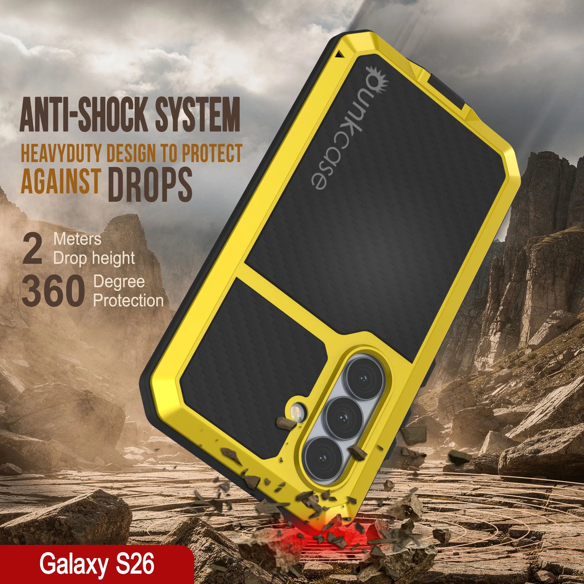 Galaxy S26 Metal Case, Heavy Duty Military Grade Armor Cover [shock proof] Full Body Hard [Yellow]