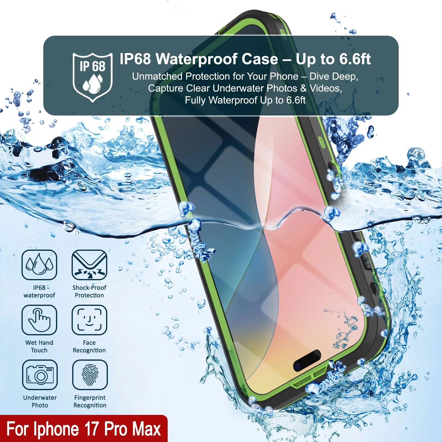iPhone 17 Pro Max Waterproof IP68 Case, Punkcase [Light green] [StudStar Series] [Slim Fit] [Dirtproof]