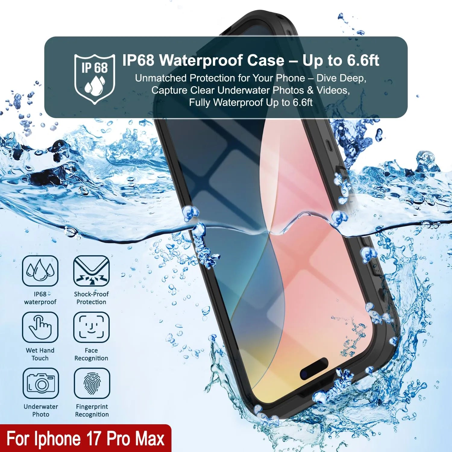 iPhone 17 Pro Max Waterproof IP68 Case, Punkcase [Black] [StudStar Series] [Slim Fit]