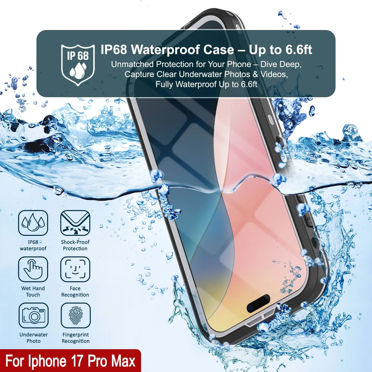 iPhone 17 Pro Max Waterproof IP68 Case, Punkcase [Clear] [StudStar Series] [Slim Fit] [Dirtproof]
