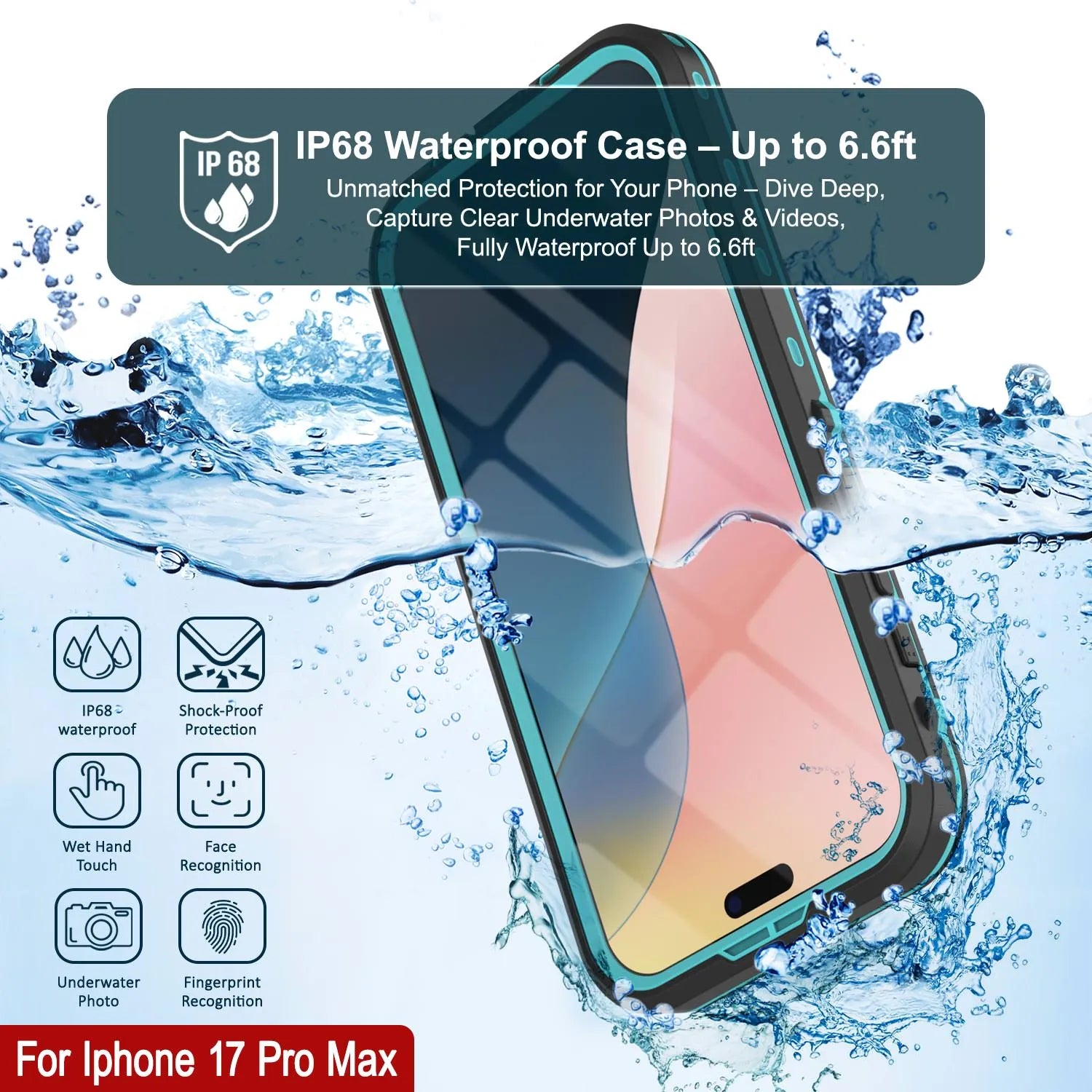 iPhone 17 Pro Max Waterproof IP68 Case, Punkcase [Teal] [StudStar Series] [Slim Fit]