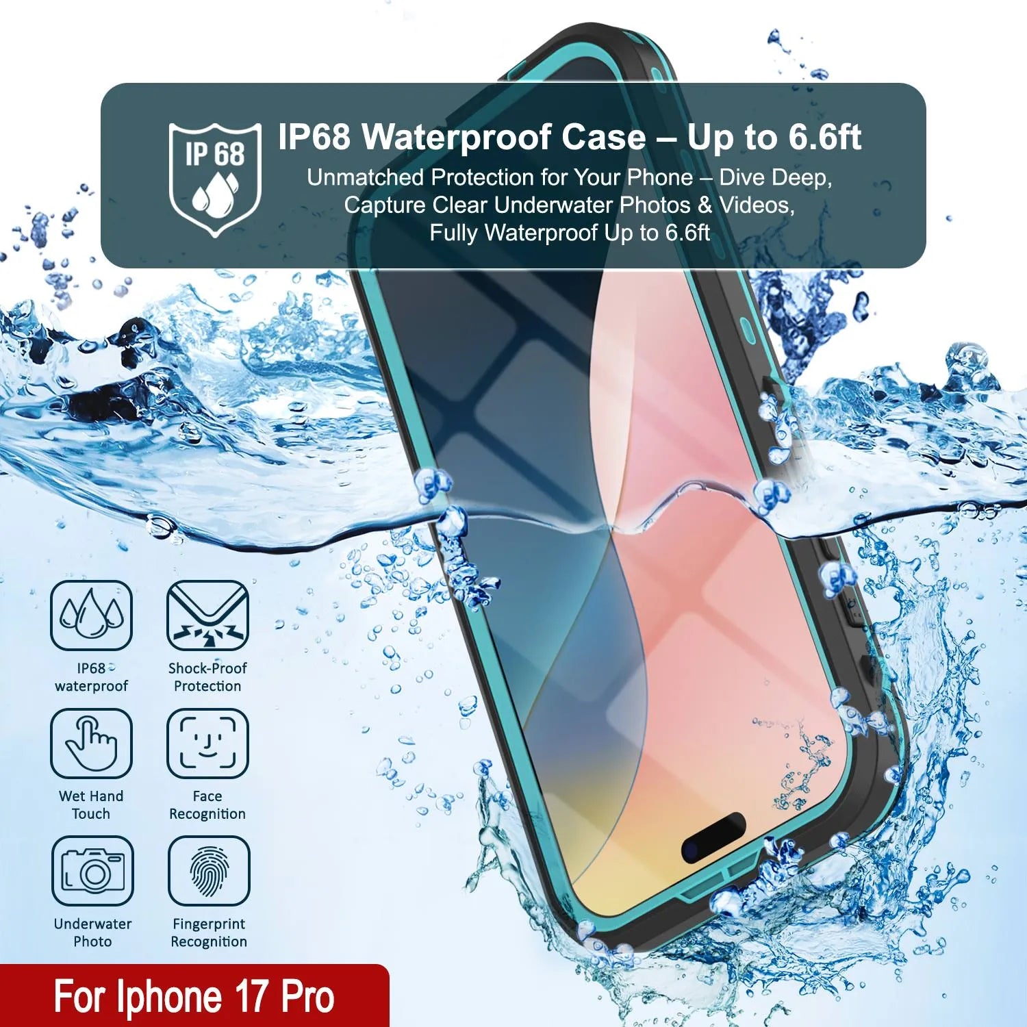 iPhone 17 Pro Waterproof IP68 Case, Punkcase [Teal] [StudStar Series] [Slim Fit]