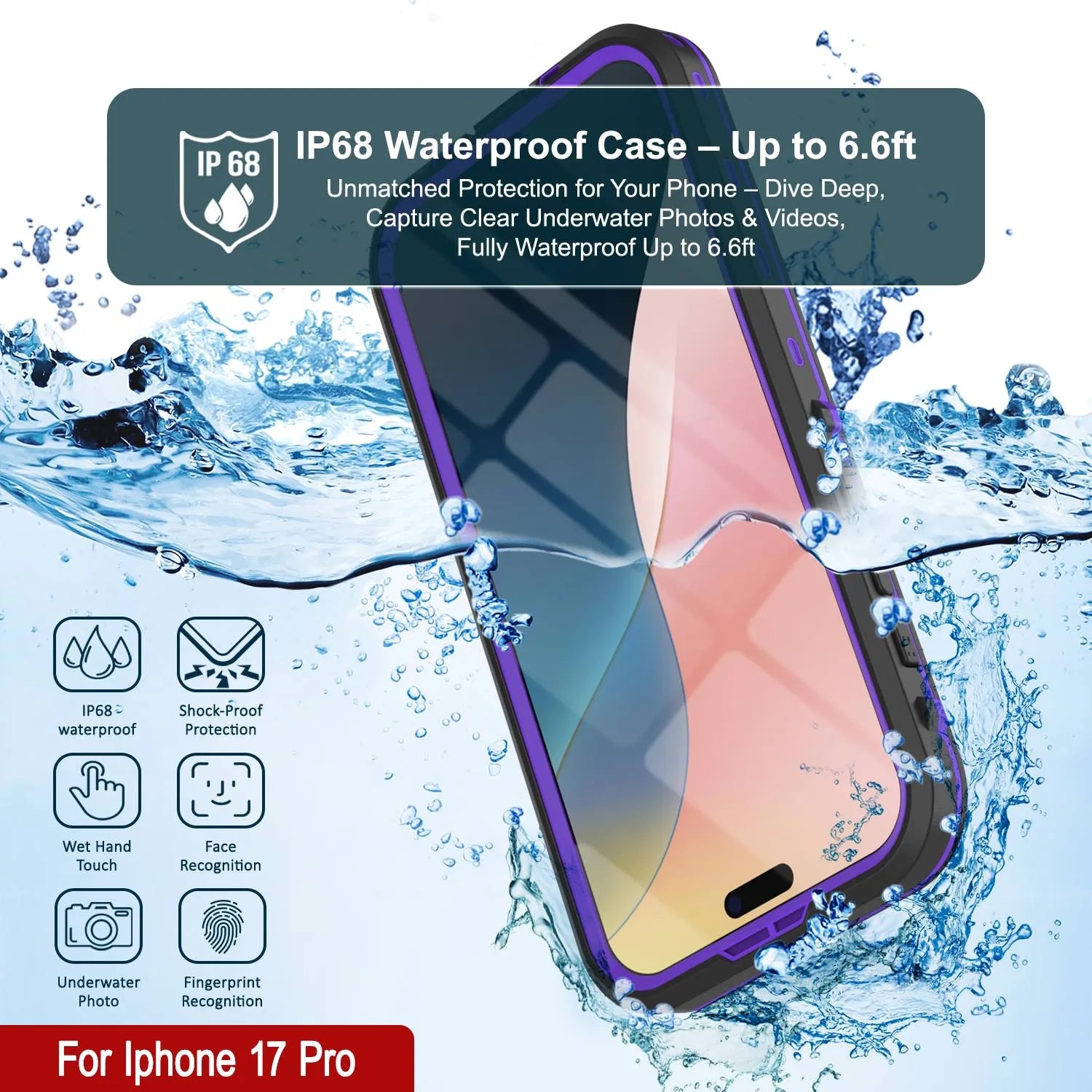 iPhone 17 Pro Waterproof IP68 Case, Punkcase [Purple] [StudStar Series] [Slim Fit] [Dirtproof]