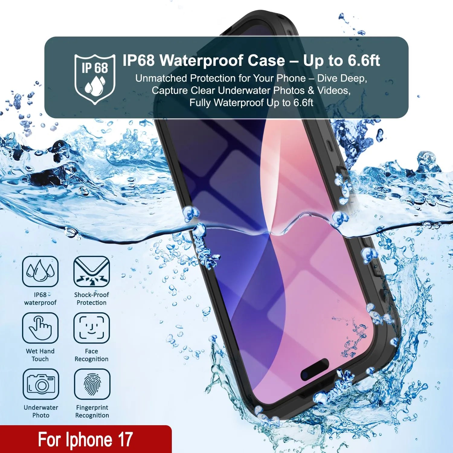 iPhone 17 Waterproof IP68 Case, Punkcase [Black] [StudStar Series] [Slim Fit]