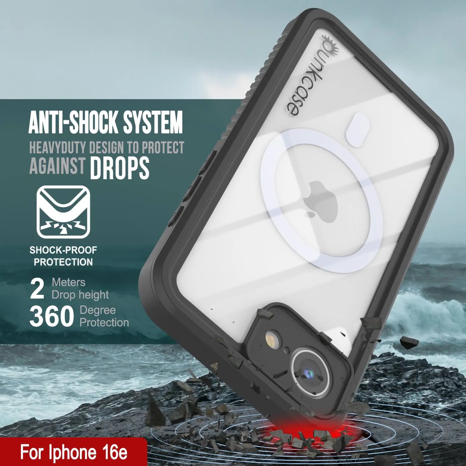iPhone 16e  Waterproof Case, Punkcase [Extreme Mag Series] Armor Cover W/ Built In Screen Protector [Grey]