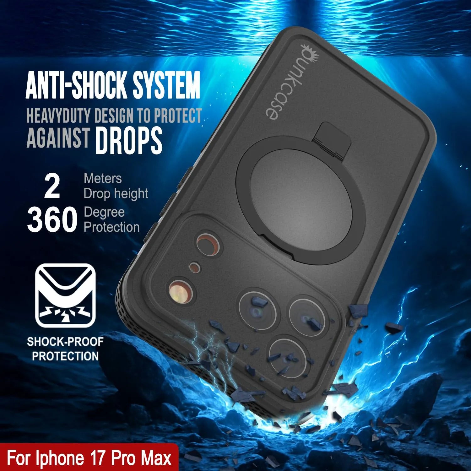 iPhone 17 Pro Max Waterproof Case [Kickstud 2.0 Series] Protective IP68 Cover W/Screen Protector & Kickstand [Black]