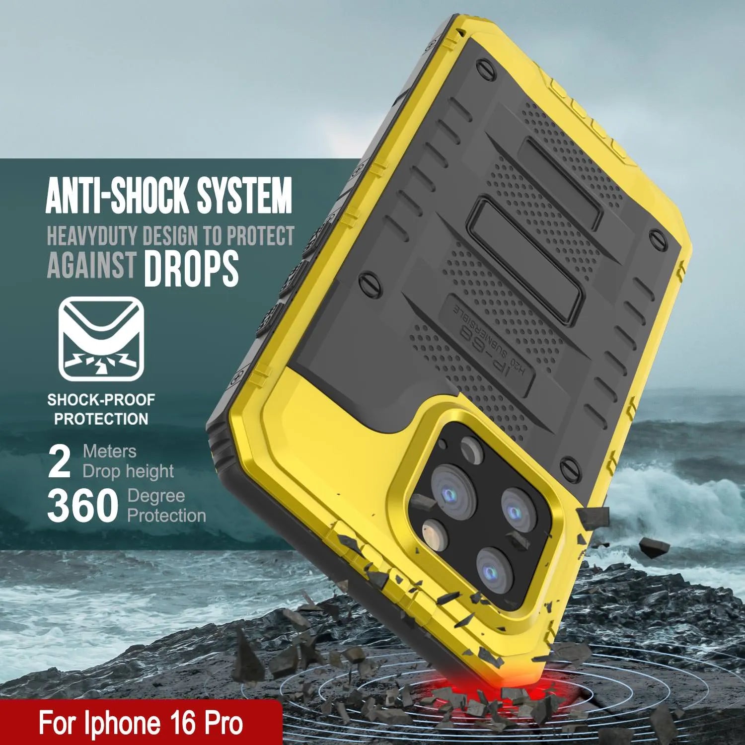 iPhone 16 Pro Metal Extreme 3.0 Series Aluminum Waterproof Case IP68 W/Buillt in Screen Protector & Kickstand [Yellow]