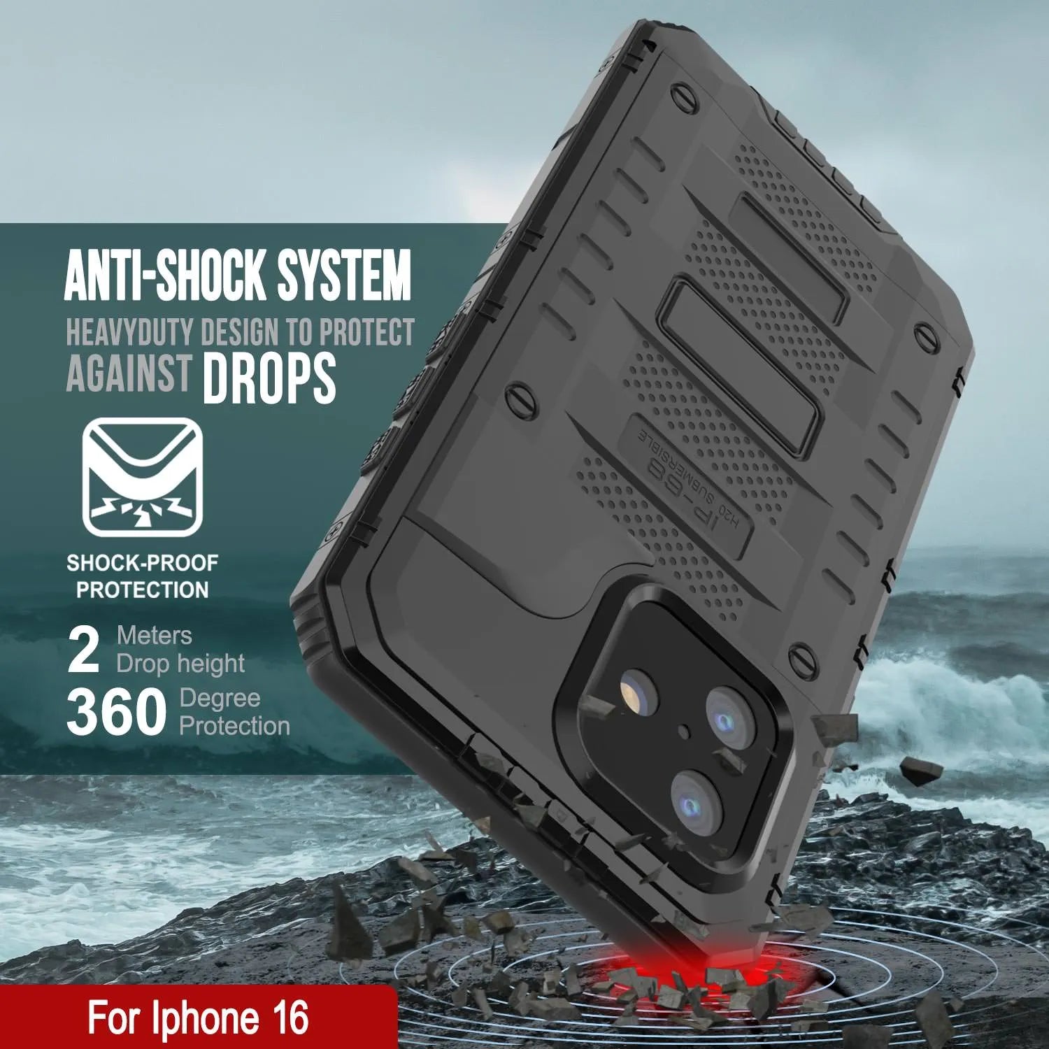 iPhone 16 Metal Extreme 3.0 Series Aluminum Waterproof Case IP68 W/Buillt in Screen Protector & Kickstand [Black]