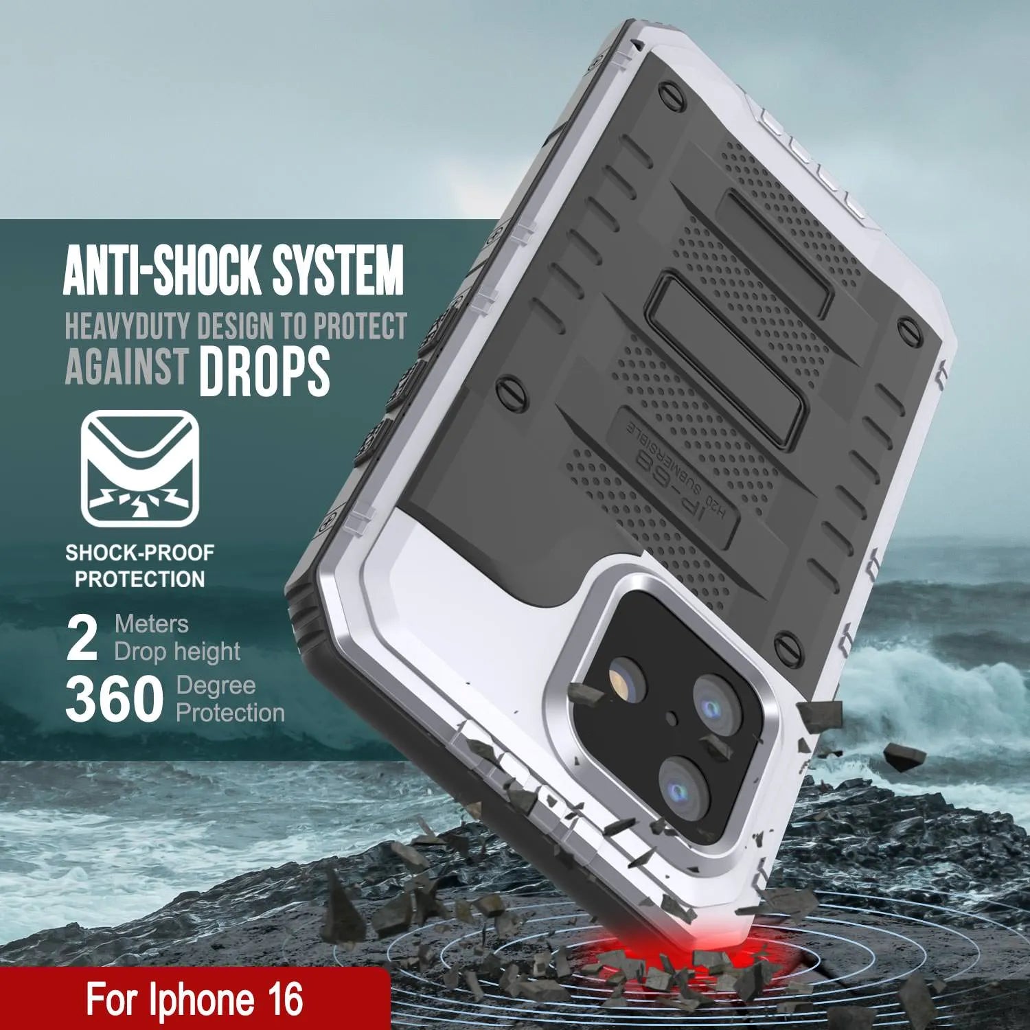 iPhone 16 Metal Extreme 3.0 Series Aluminum Waterproof Case IP68 W/Buillt in Screen Protector & Kickstand [White]