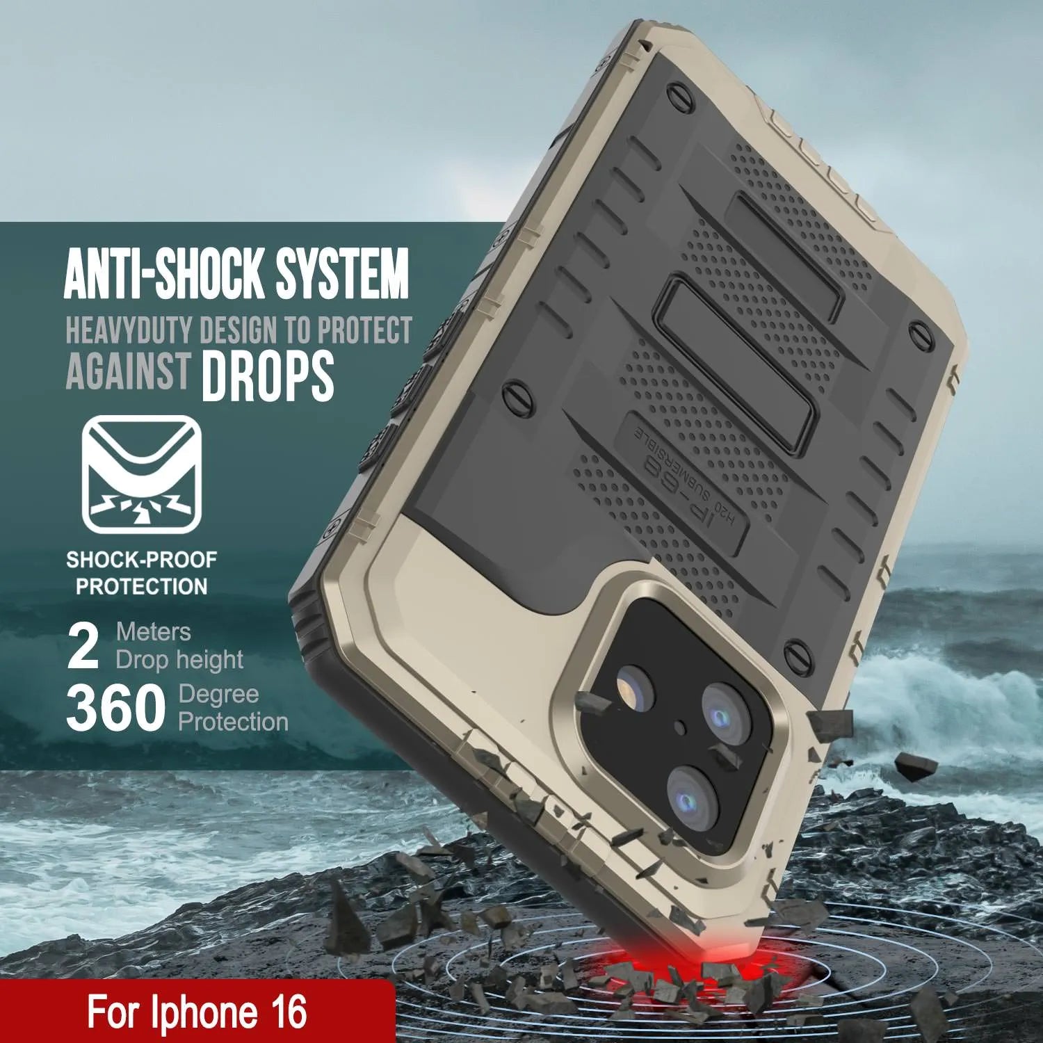 iPhone 16 Metal Extreme 3.0 Series Aluminum Waterproof Case IP68 W/Buillt in Screen Protector & Kickstand [Gold]