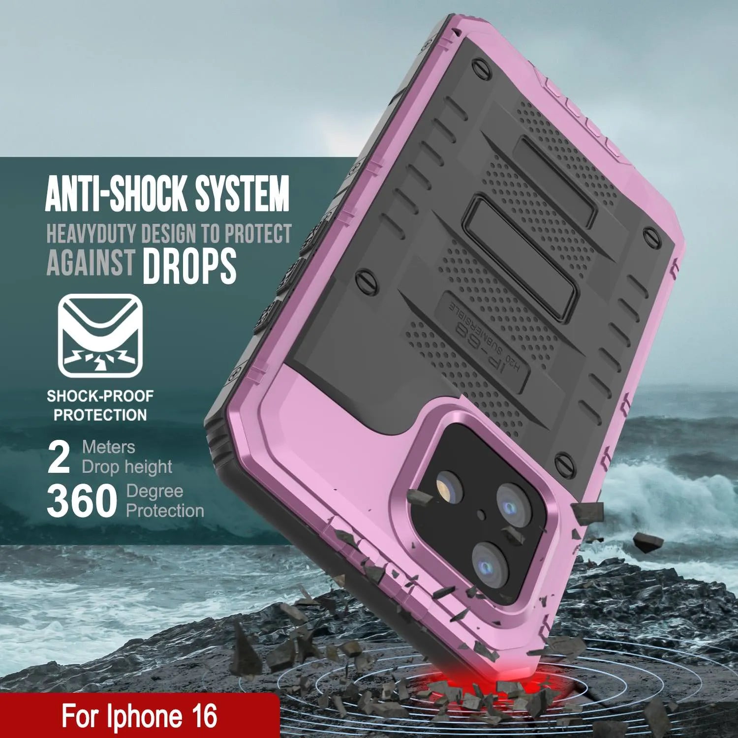iPhone 16 Metal Extreme 3.0 Series Aluminum Waterproof Case IP68 W/Buillt in Screen Protector & Kickstand [Pink]