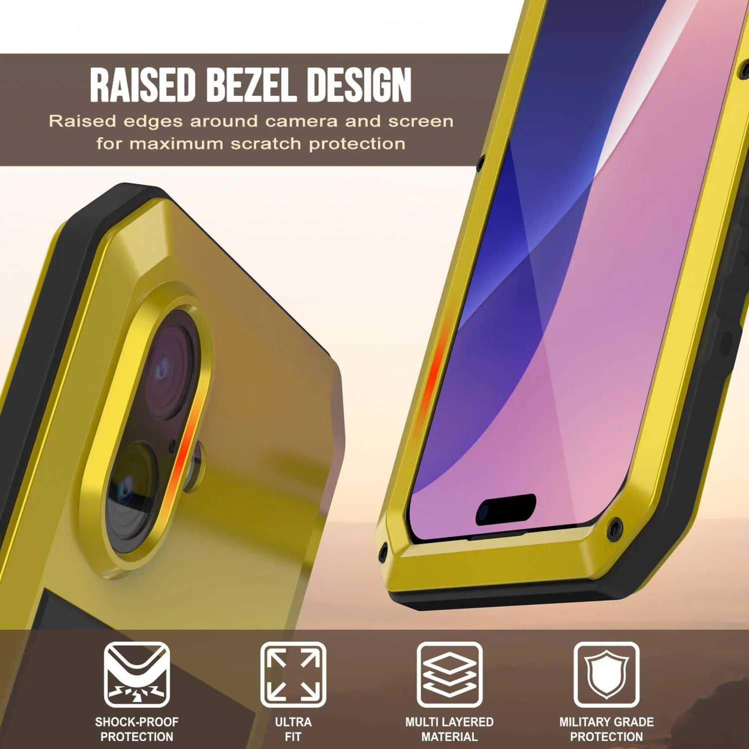 iPhone 17 Metal Case, Heavy Duty Military Grade Armor Cover [shock proof] Full Body Hard [Yellow]