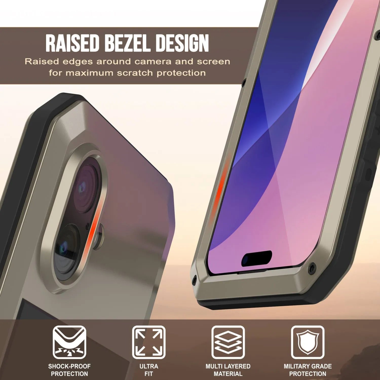 iPhone 17 Metal Case, Heavy Duty Military Grade Armor Cover [shock proof] Full Body Hard [Gold]