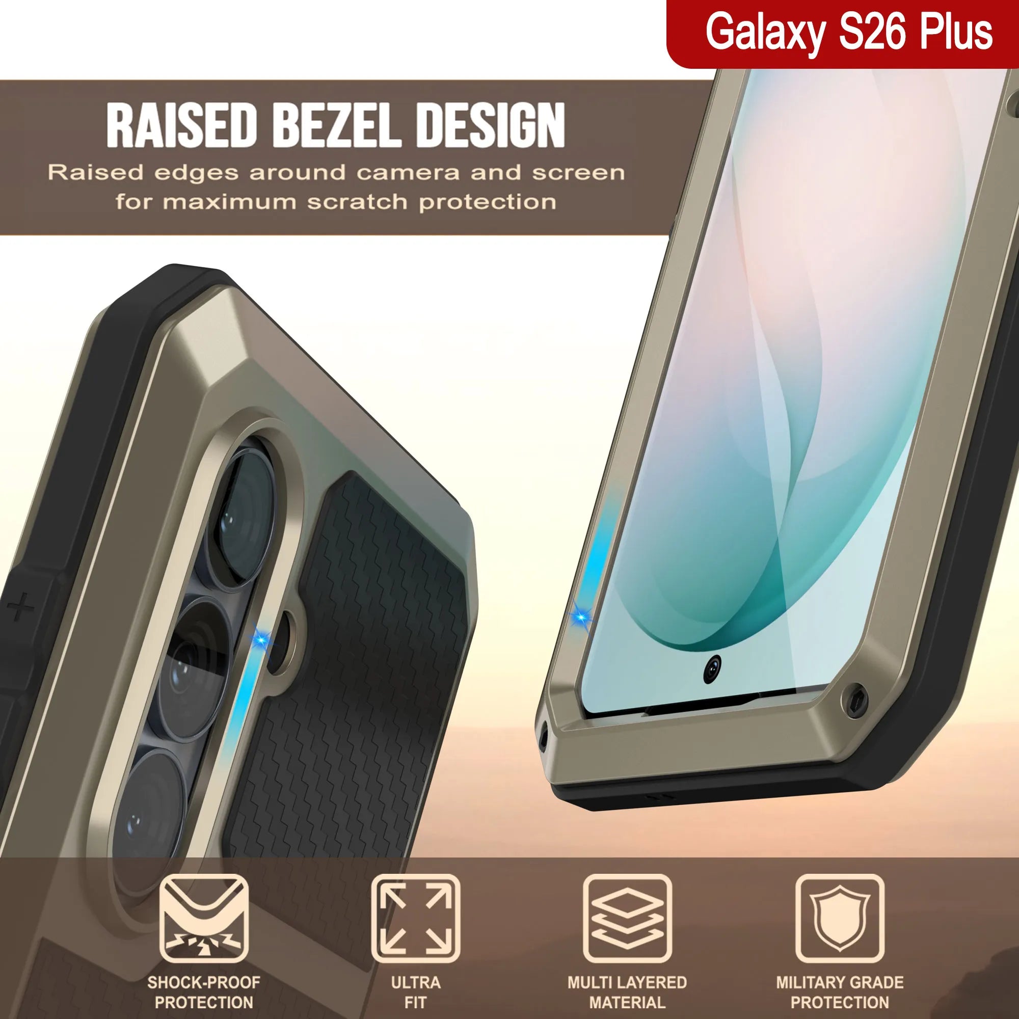 Galaxy S26 Plus Metal Case, Heavy Duty Military Grade Armor Cover [shock proof] Full Body Hard [Gold]