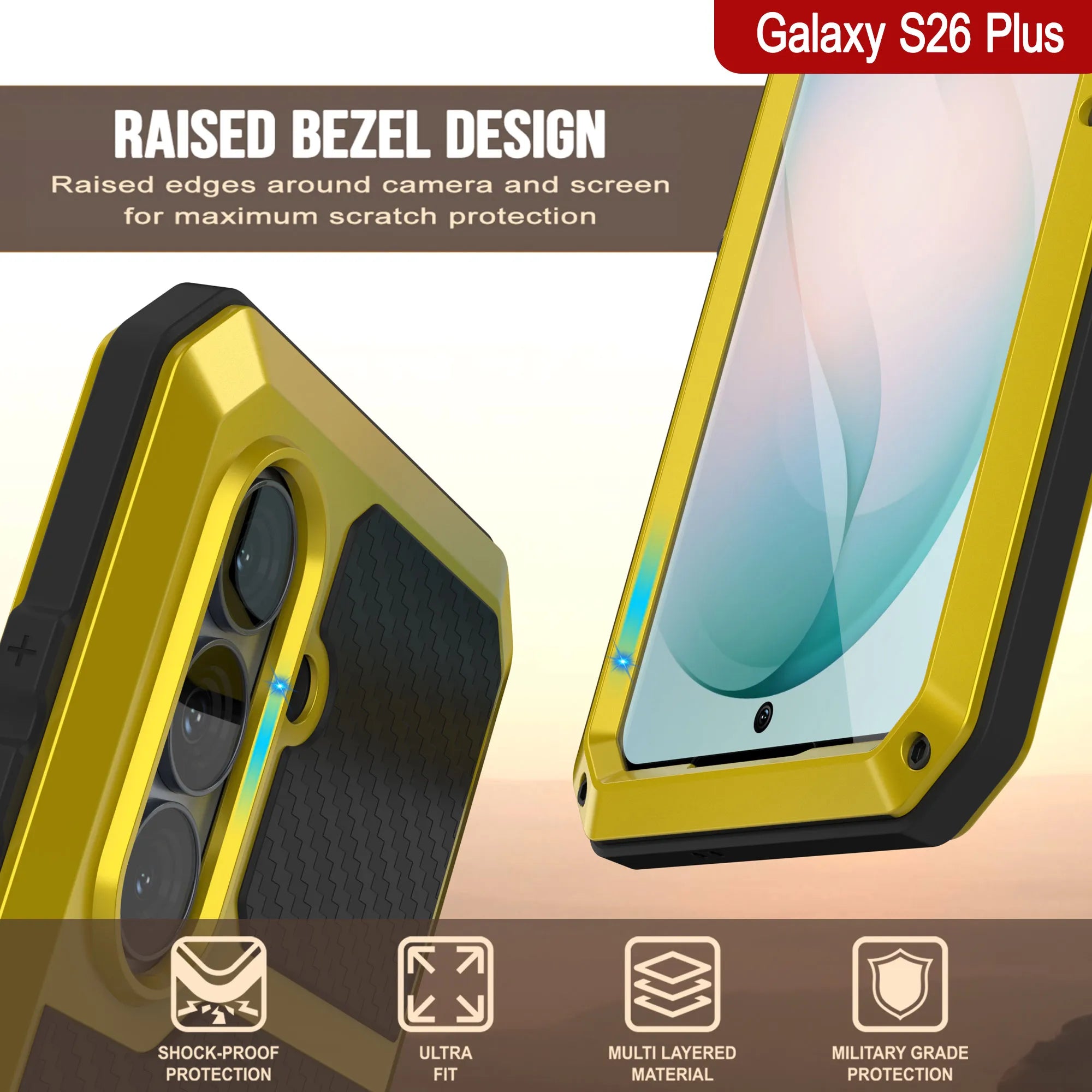 Galaxy S26 Plus Metal Case, Heavy Duty Military Grade Armor Cover [shock proof] Full Body Hard [Yellow]