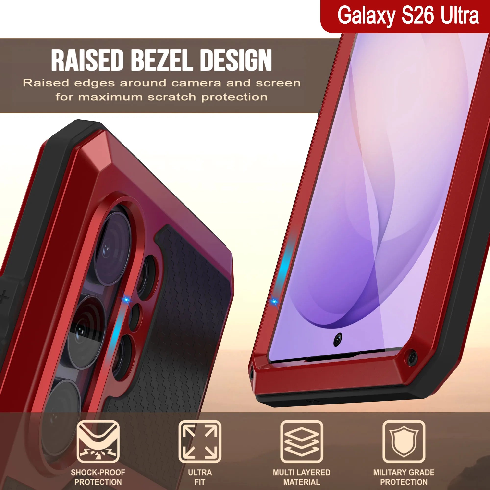 Galaxy S26 Ultra Metal Case, Heavy Duty Military Grade Armor Cover [shock proof] Full Body Hard [Red]