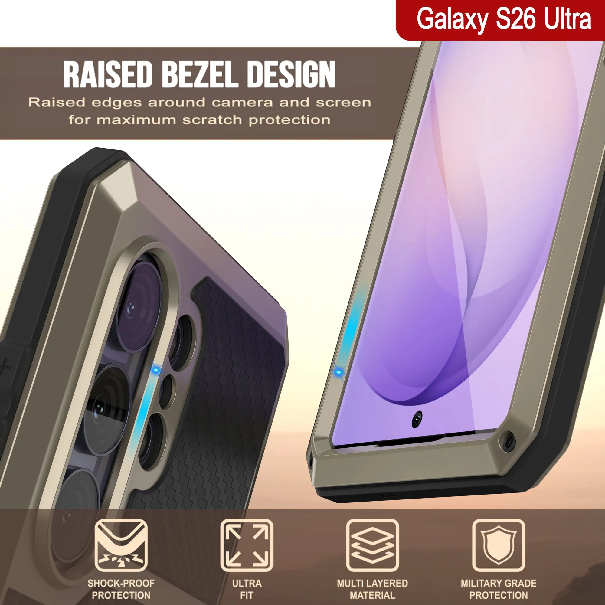 Galaxy S26 Ultra Metal Case, Heavy Duty Military Grade Armor Cover [shock proof] Full Body Hard [Gold]