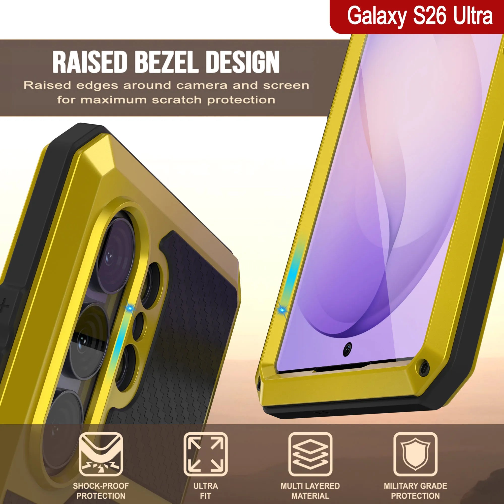 Galaxy S26 Ultra Metal Case, Heavy Duty Military Grade Armor Cover [shock proof] Full Body Hard [Yellow]