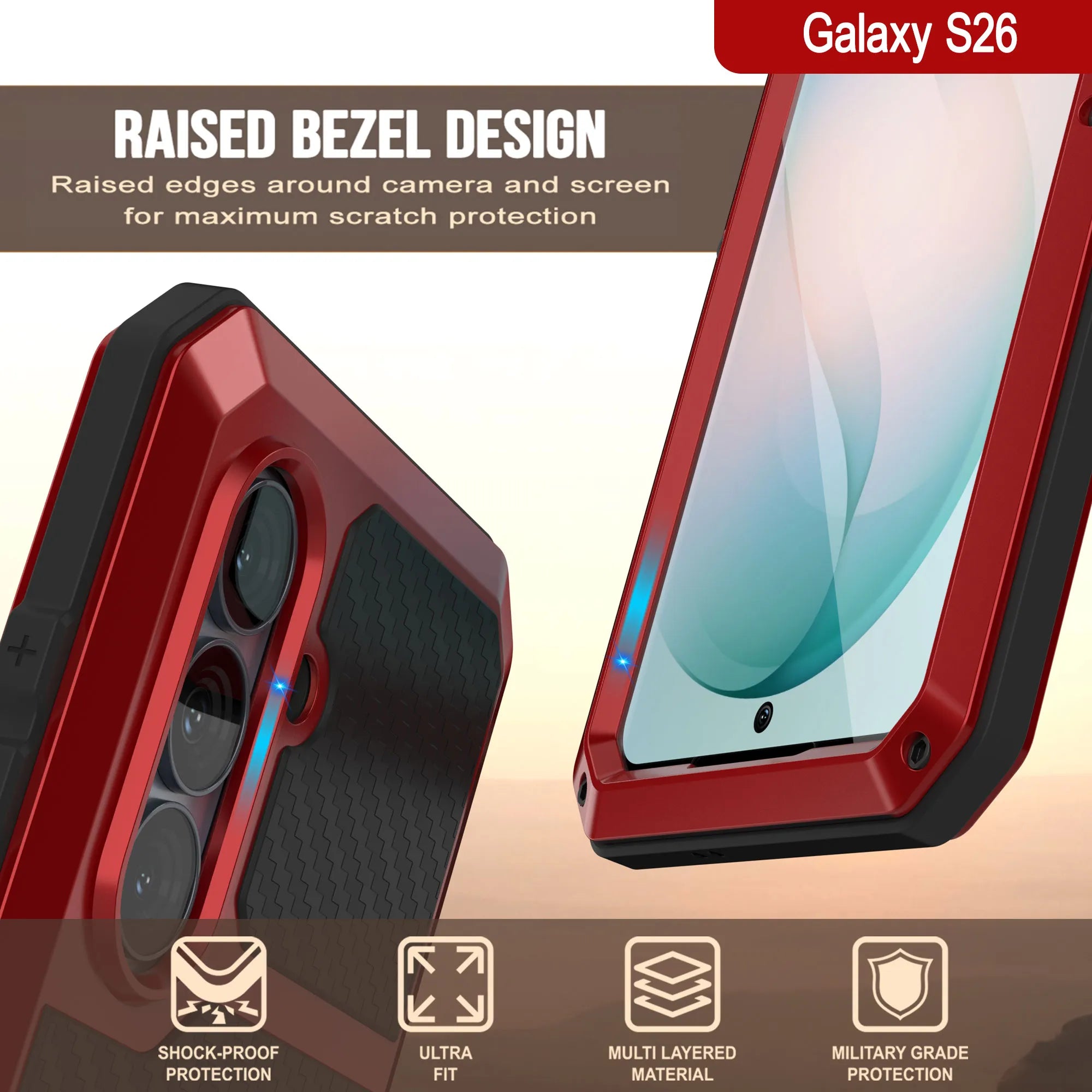 Galaxy S26 Metal Case, Heavy Duty Military Grade Armor Cover [shock proof] Full Body Hard [Red]