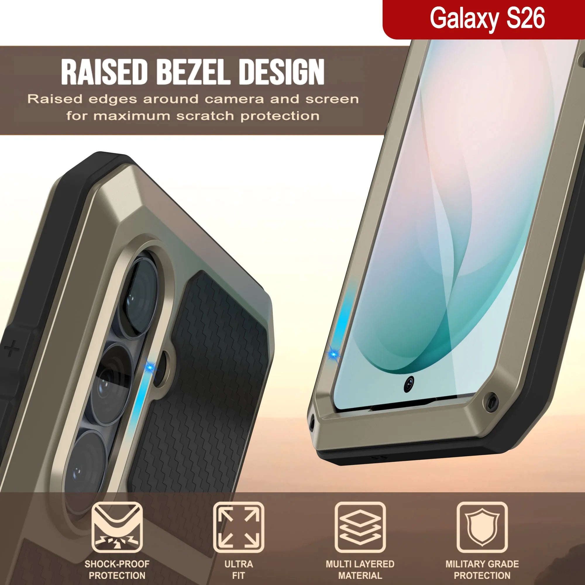 Galaxy S26 Metal Case, Heavy Duty Military Grade Armor Cover [shock proof] Full Body Hard [Gold]