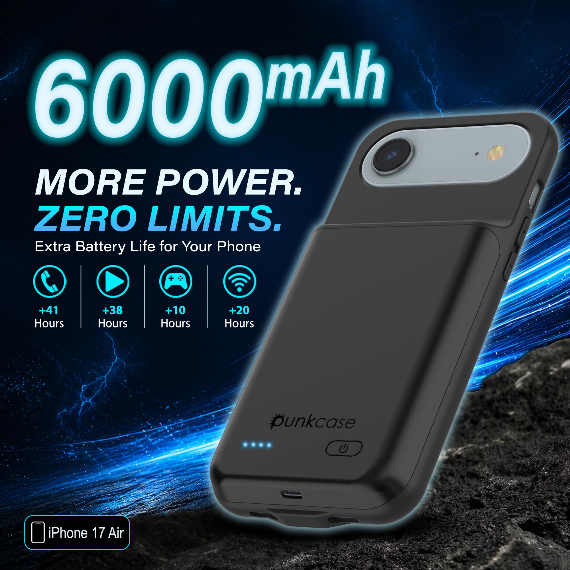 iPhone 17 Air Battery Case, PunkJuice 6000mah Fast Charging Case [Black]