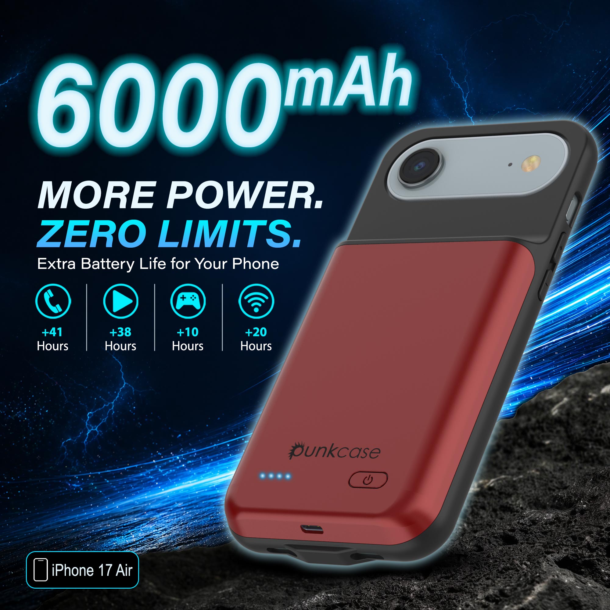 iPhone 17 Air Battery Case, PunkJuice 6000mah Fast Charging Case [Red]