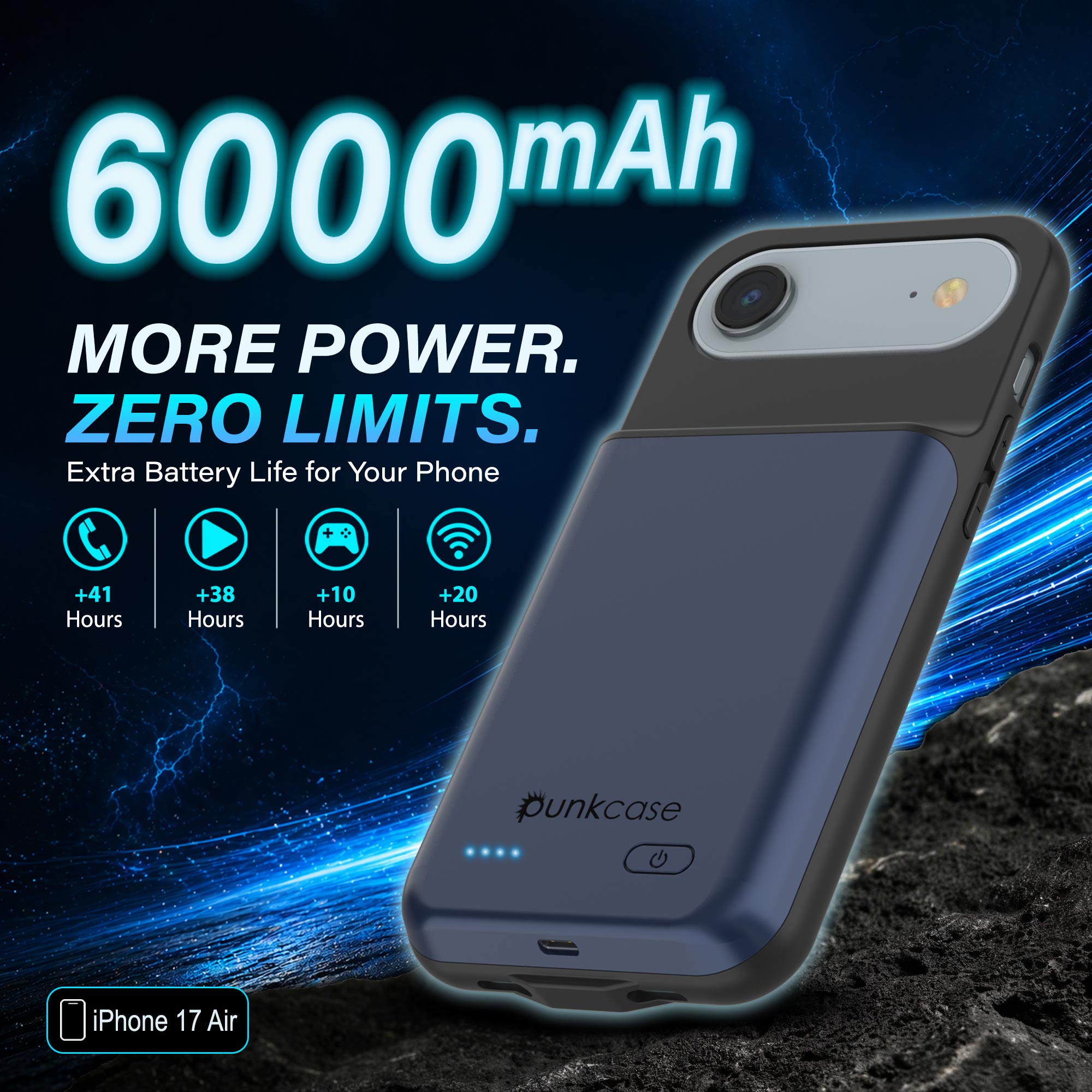 iPhone 17 Air Battery Case, PunkJuice 6000mah Fast Charging Case [Navy Blue]