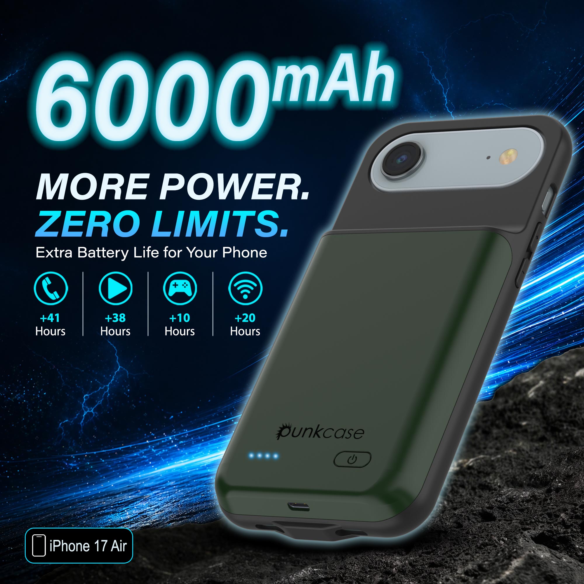 iPhone 17 Air Battery Case, PunkJuice 6000mah Fast Charging Case [Green]