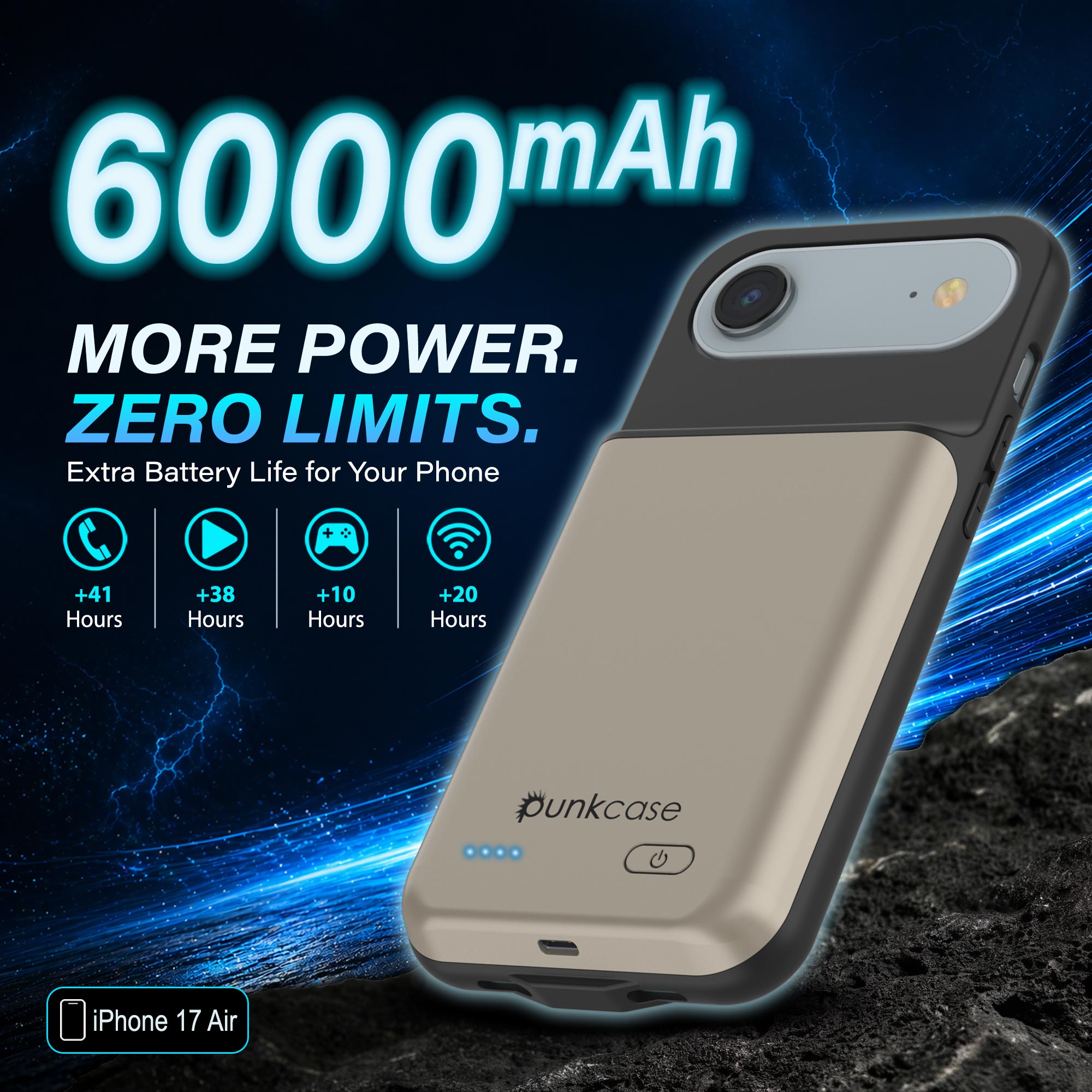 iPhone 17 Air Battery Case, PunkJuice 6000mah Fast Charging Case [Gold]