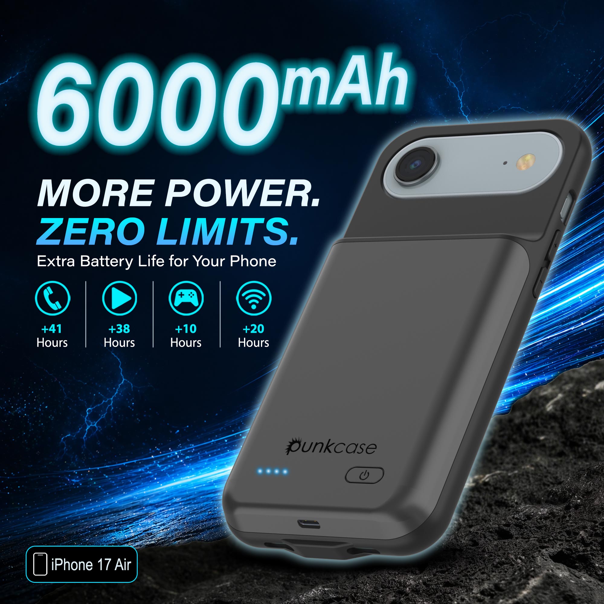 iPhone 17 Air Battery Case, PunkJuice 6000mah Fast Charging Case [Grey]