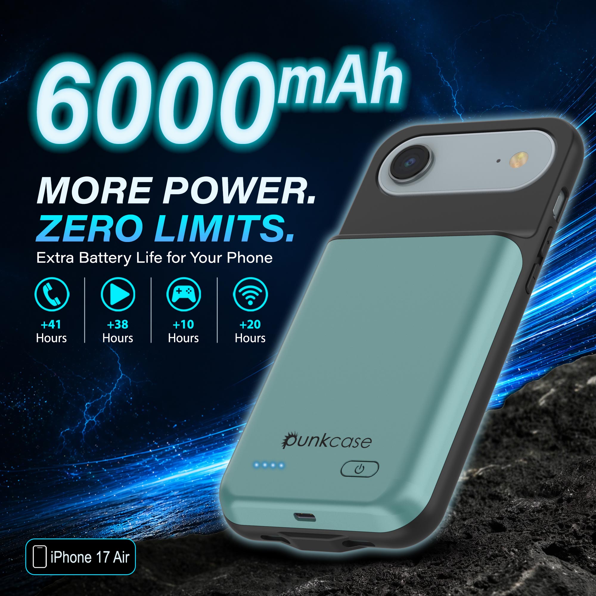 iPhone 17 Air Battery Case, PunkJuice 6000mah Fast Charging Case [Teal]