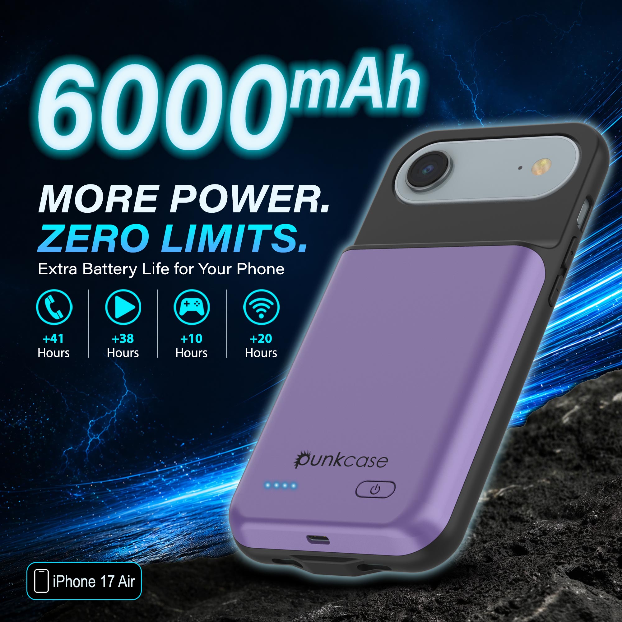 iPhone 17 Air Battery Case, PunkJuice 6000mah Fast Charging Case [Purple]