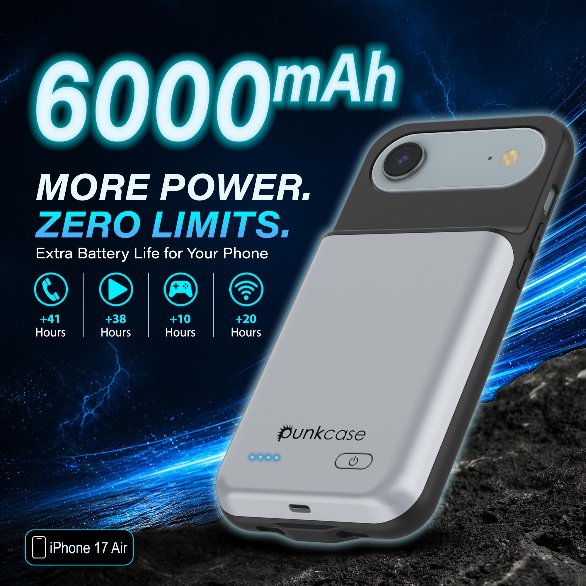 iPhone 17 Air Battery Case, PunkJuice 6000mah Fast Charging Case [White]