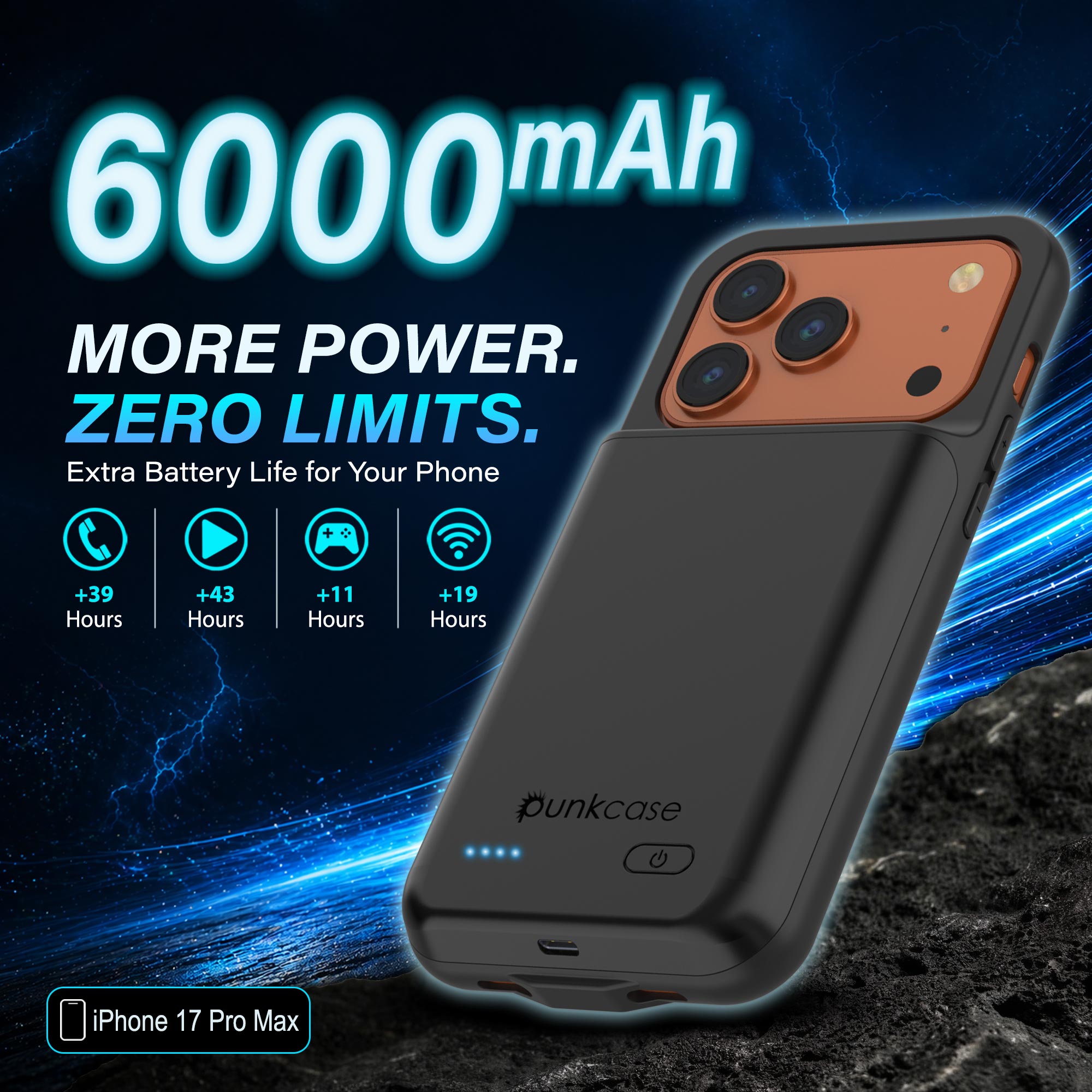 iPhone 17 Pro Max Battery Case, PunkJuice 6000mah Fast Charging Case [Black]