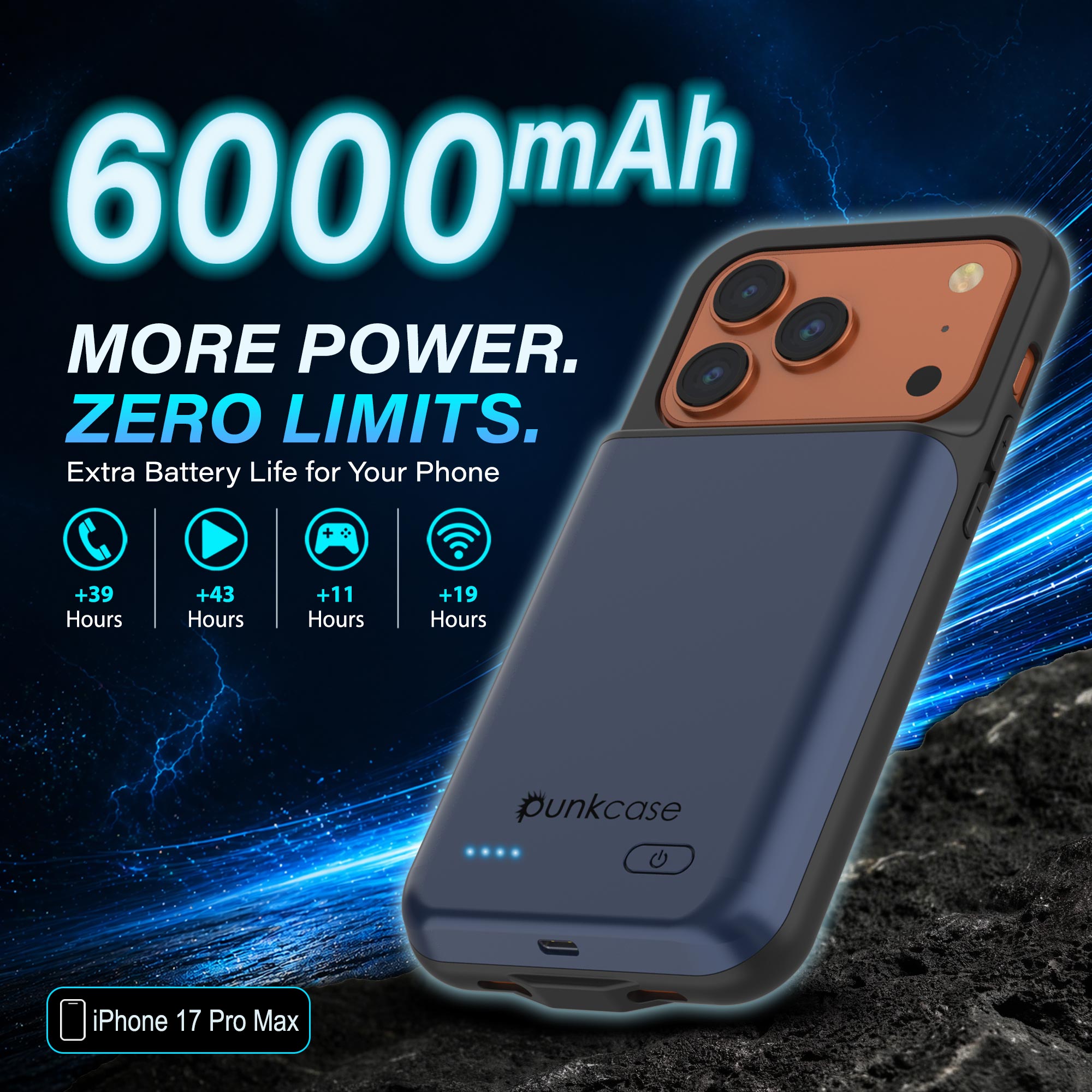 iPhone 17 Pro Max Battery Case, PunkJuice 6000mah Fast Charging Case [Navy Blue]