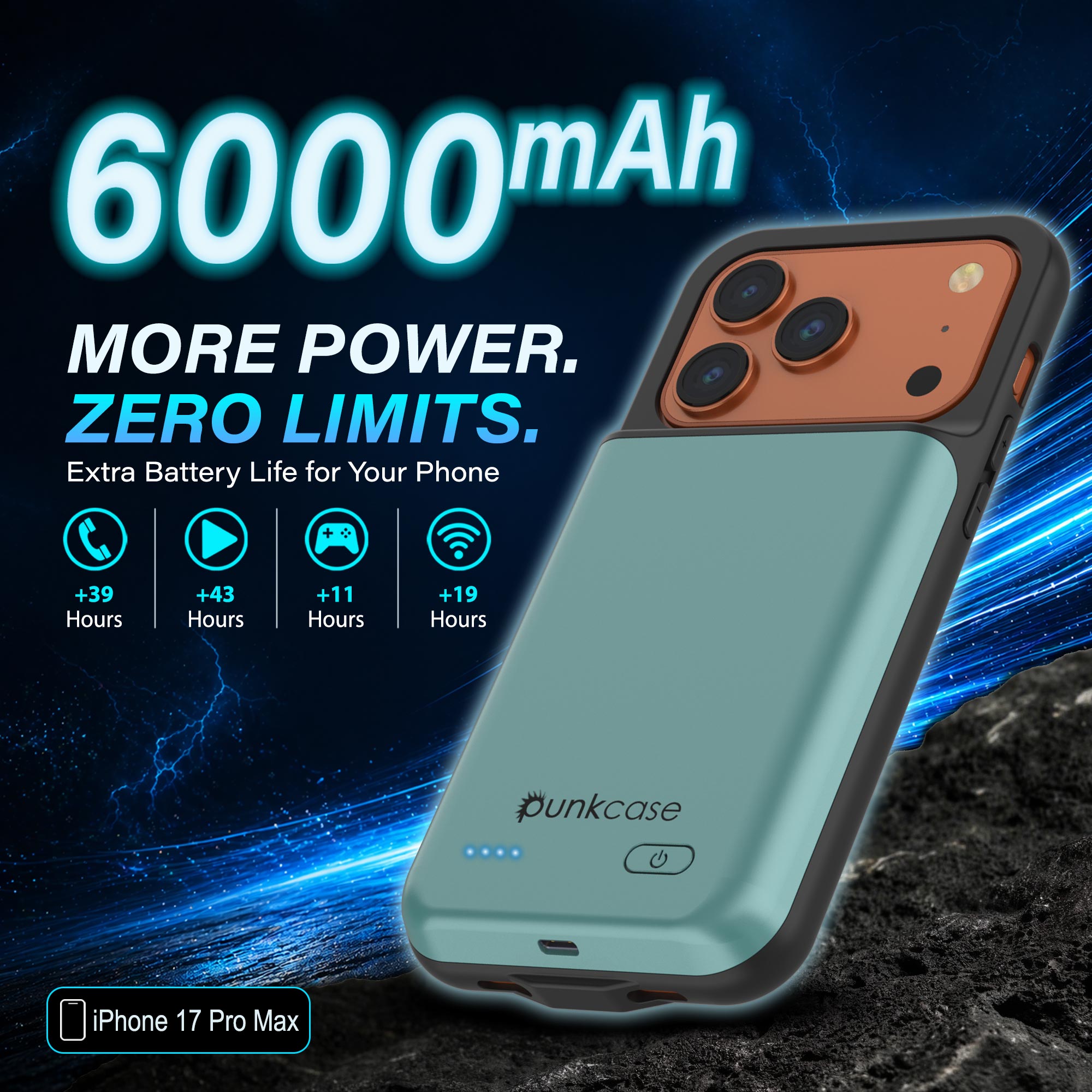 iPhone 17 Pro Max Battery Case, PunkJuice 6000mah Fast Charging Case [Teal]
