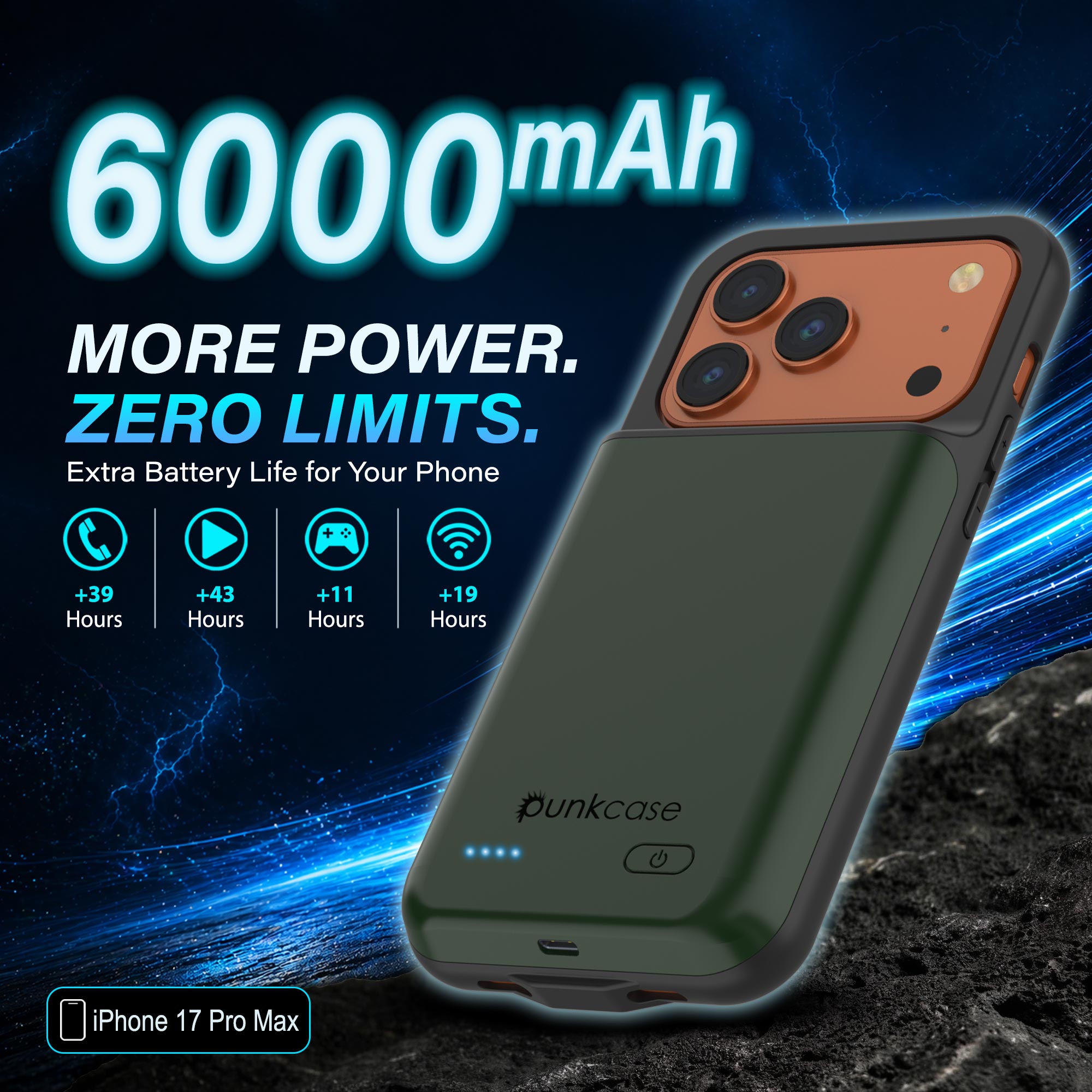 iPhone 17 Pro Max Battery Case, PunkJuice 6000mah Fast Charging Case [Green]