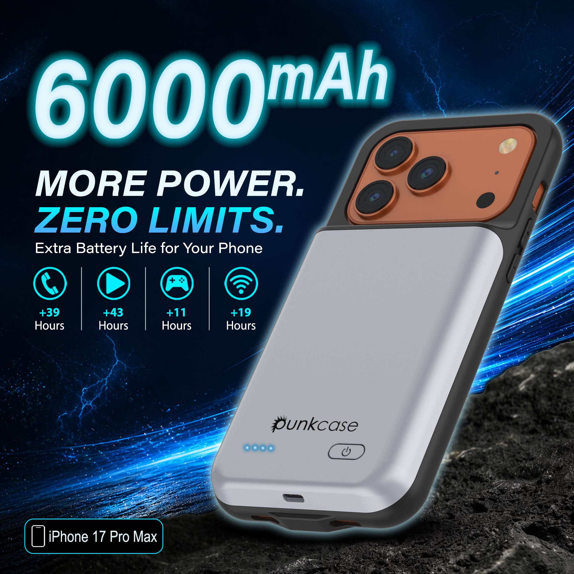 iPhone 17 Pro Max Battery Case, PunkJuice 6000mah Fast Charging Case [White]