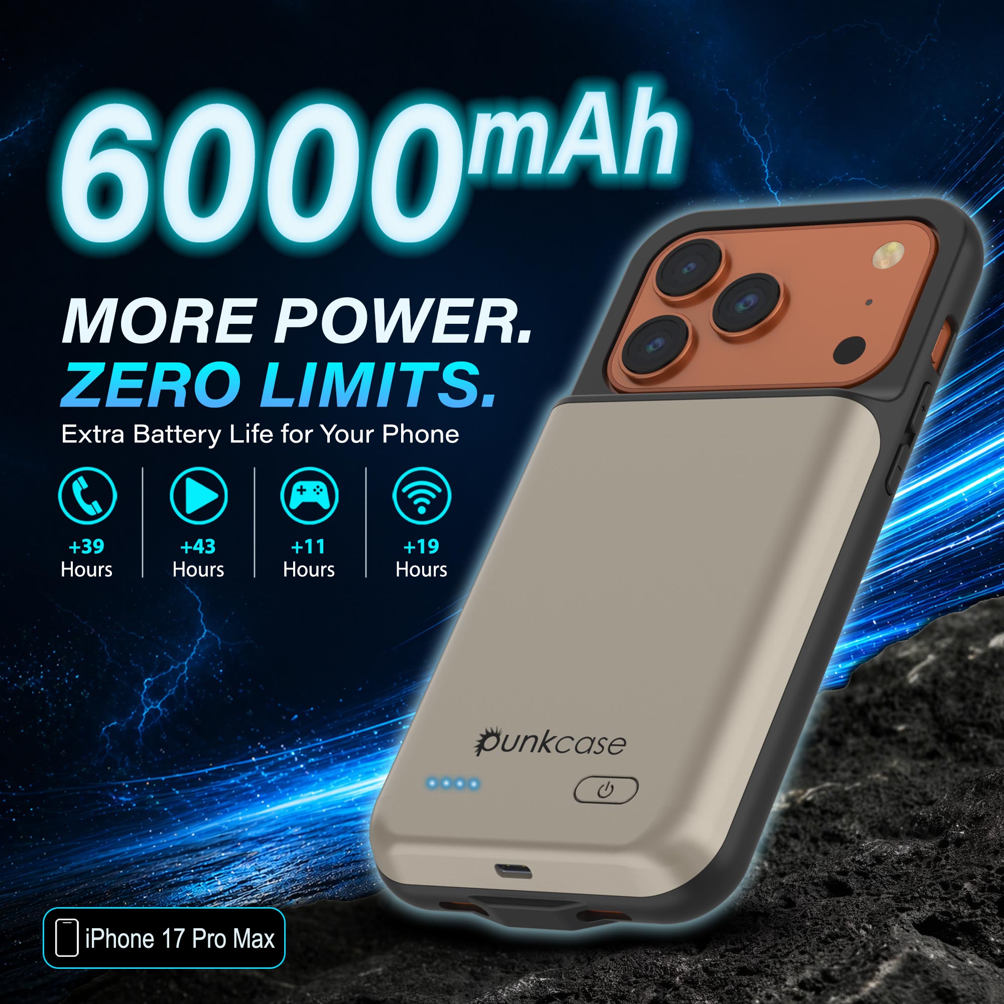 iPhone 17 Pro Max Battery Case, PunkJuice 6000mah Fast Charging Case [Gold]