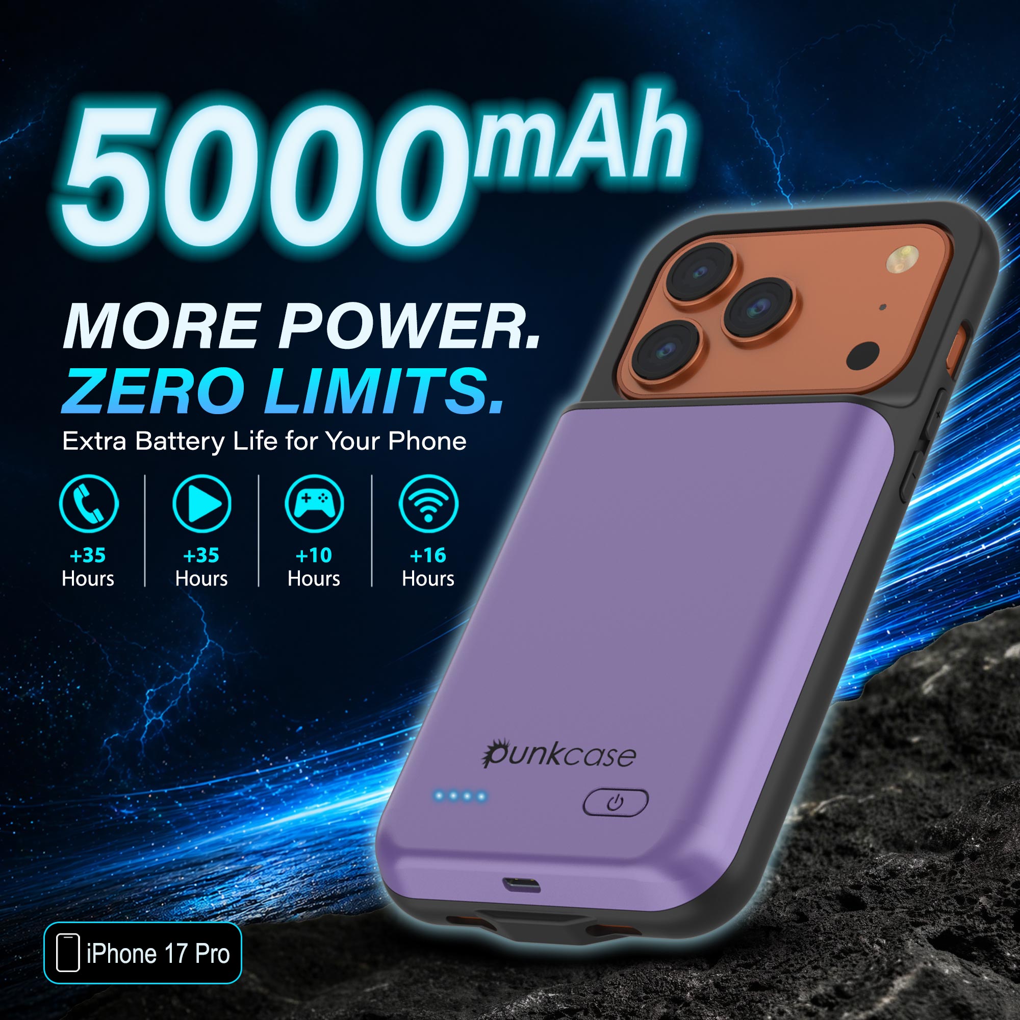 iPhone 17 Pro Battery Case, PunkJuice 5000mAH Fast Charging Case [Purple]